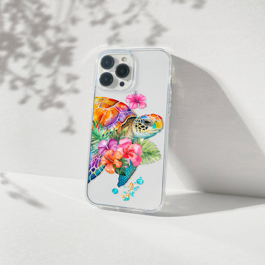 Coconut Girl Ocean Inspired Phone Cases, Sea Turtle and Hibiscus Flower Clear Phone Case Compatible with most iPhone and Samsung Models Phone Case Printify