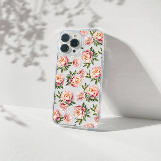 Pink Peony Flowers Clear Phone Case, Floral Phone Cases Compatible with most iPhone and Samsung Models Phone Case Printify iPhone 14 Without gift packaging