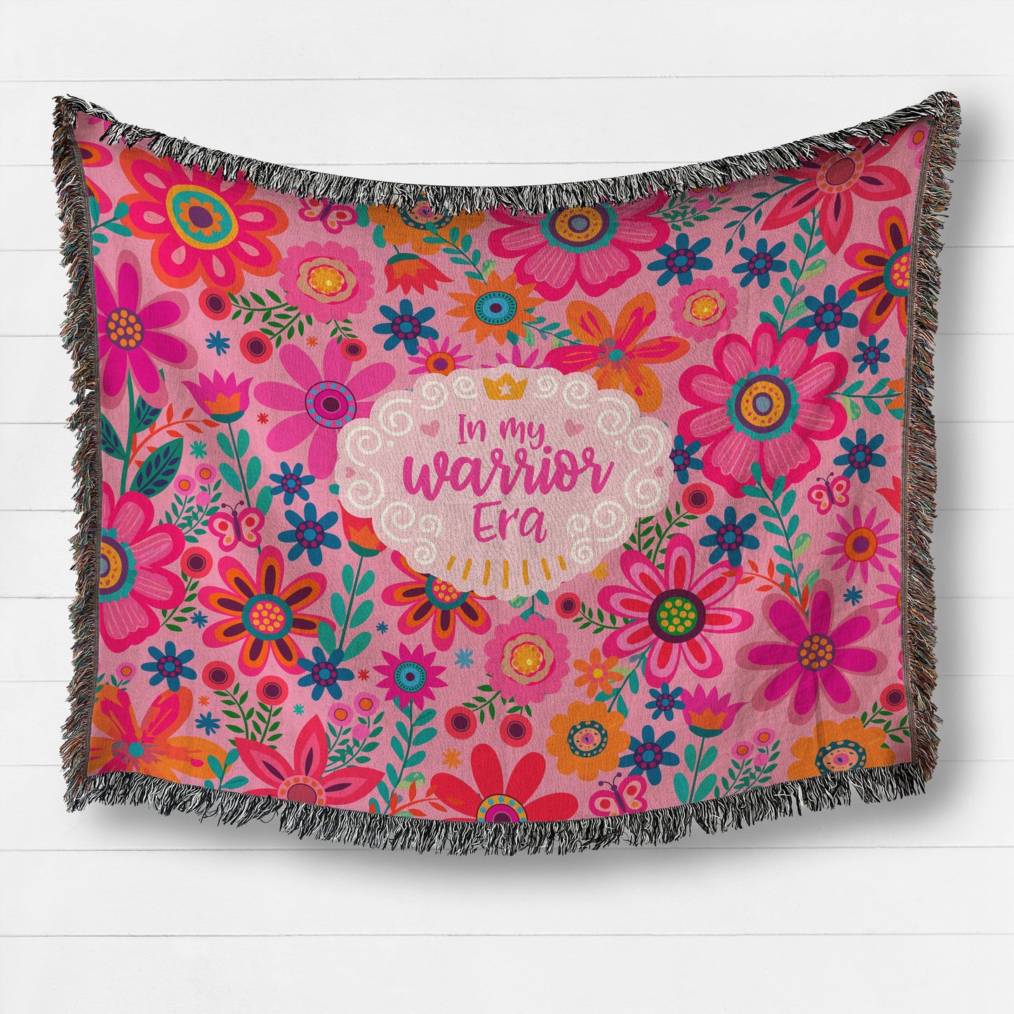 Warrior Inspiration Blankets: In My Warrior Era Fleece Blanket ~ Pink Ribbon October Blanket, Emotional Support Gifts Blankets teelaunch 50" x 60" Woven Fringe