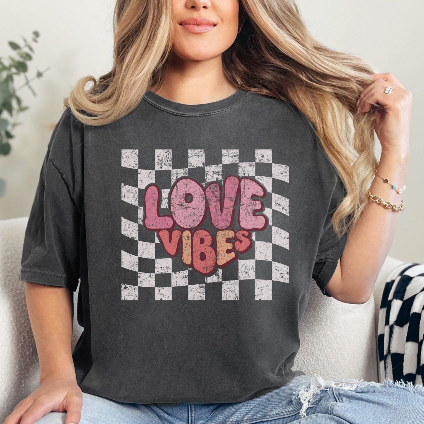 Vintage Love Vibes Valentine's Day Shirt | Comfort Colors T-shirts | Retro Font Heart Shirt | Distressed Checker Heart Love Gift for Wife T-Shirt Printify Pepper S