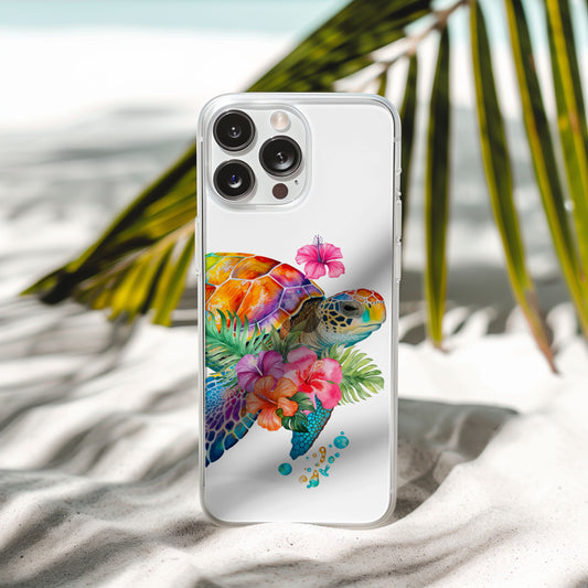 Coconut Girl Ocean Inspired Phone Cases, Sea Turtle and Hibiscus Flower Clear Phone Case Compatible with most iPhone and Samsung Models Phone Case Printify iPhone 16