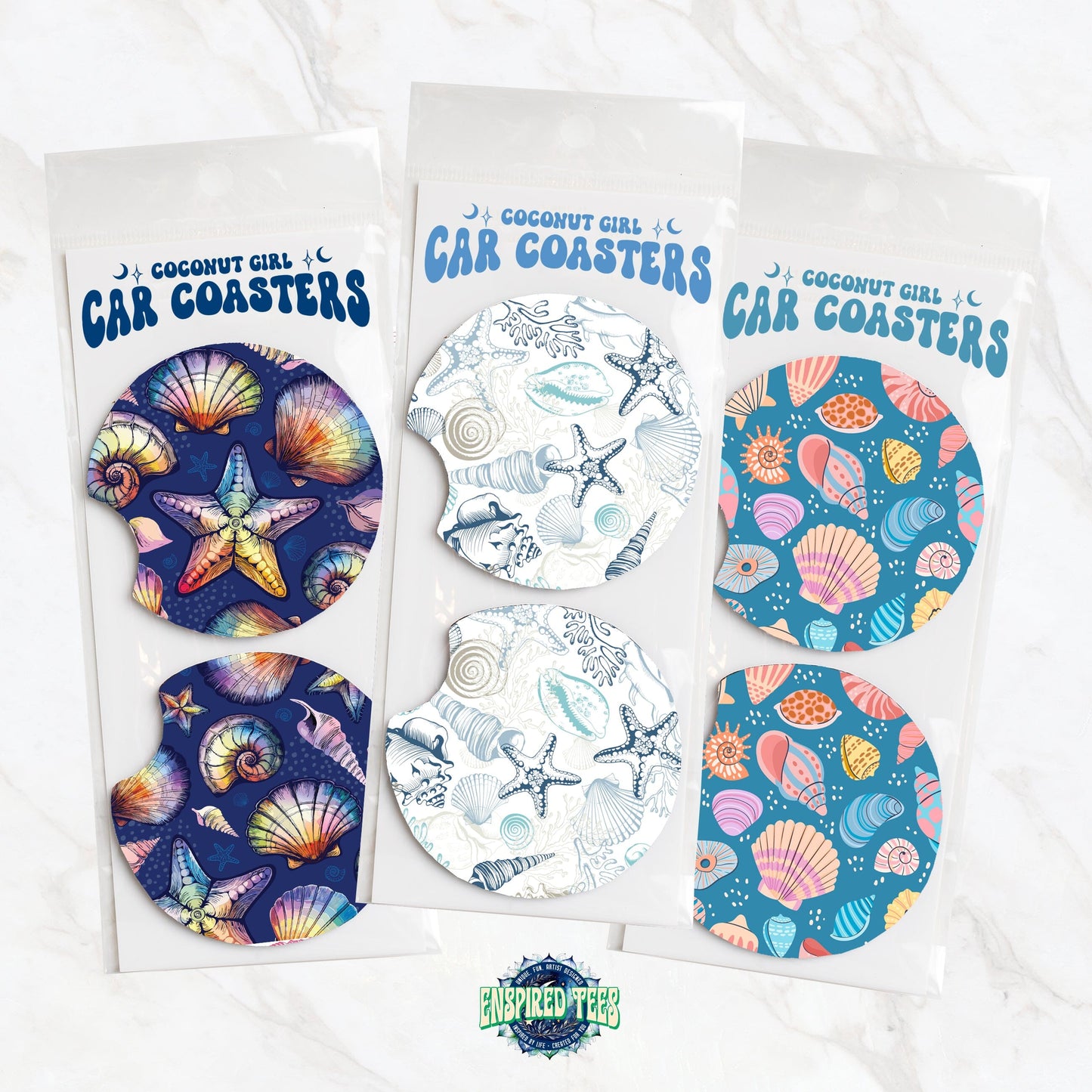 Seashell Car Coasters, Summer Car Decor • Cute Car Accessories, Ocean Inspired Style Home Decor Printify