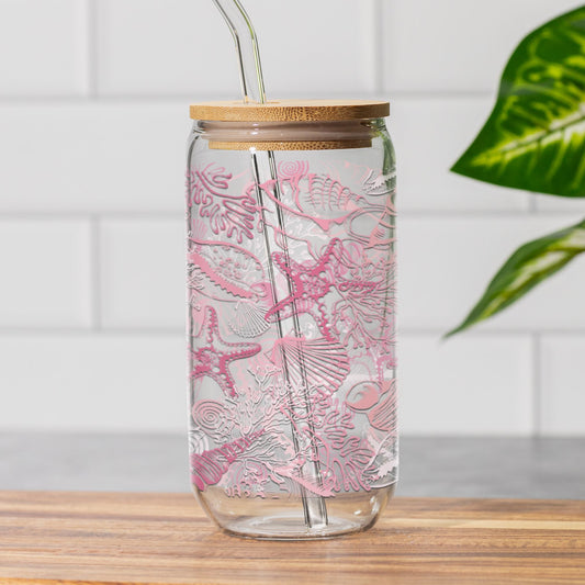 Pink Shells Sipper Glass • Coastal Vibes Beach House Decor Mug Printify