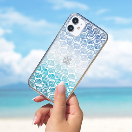 Clear Phone Case, Ombre Seashell Phone Case in Blue • Fits most iPhone and Samsung Models Phone Case Printify