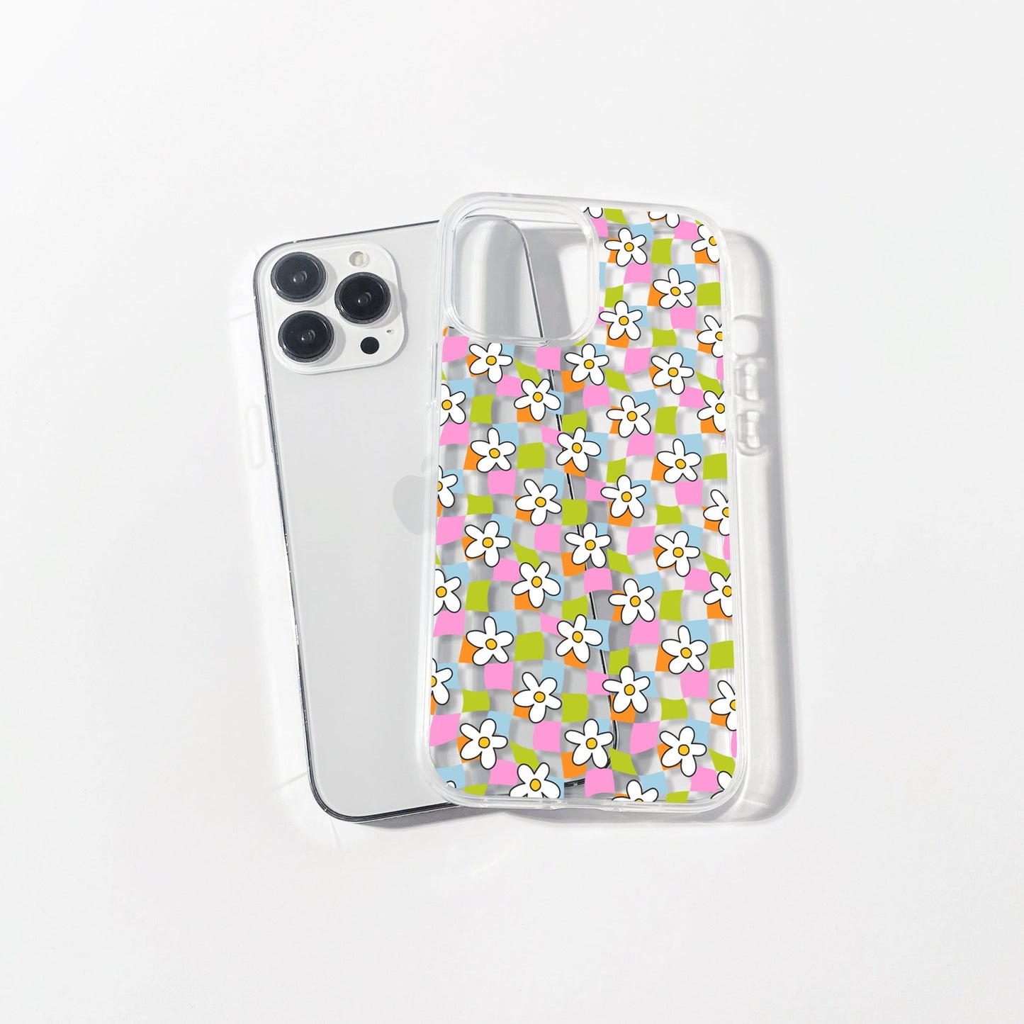 Trendy y2k Aesthetic iPhone Cases, Clear Phone Case • Checkered Daisy Phone Case Designed to fit most iPhone and Samsung Models Phone Case Printify
