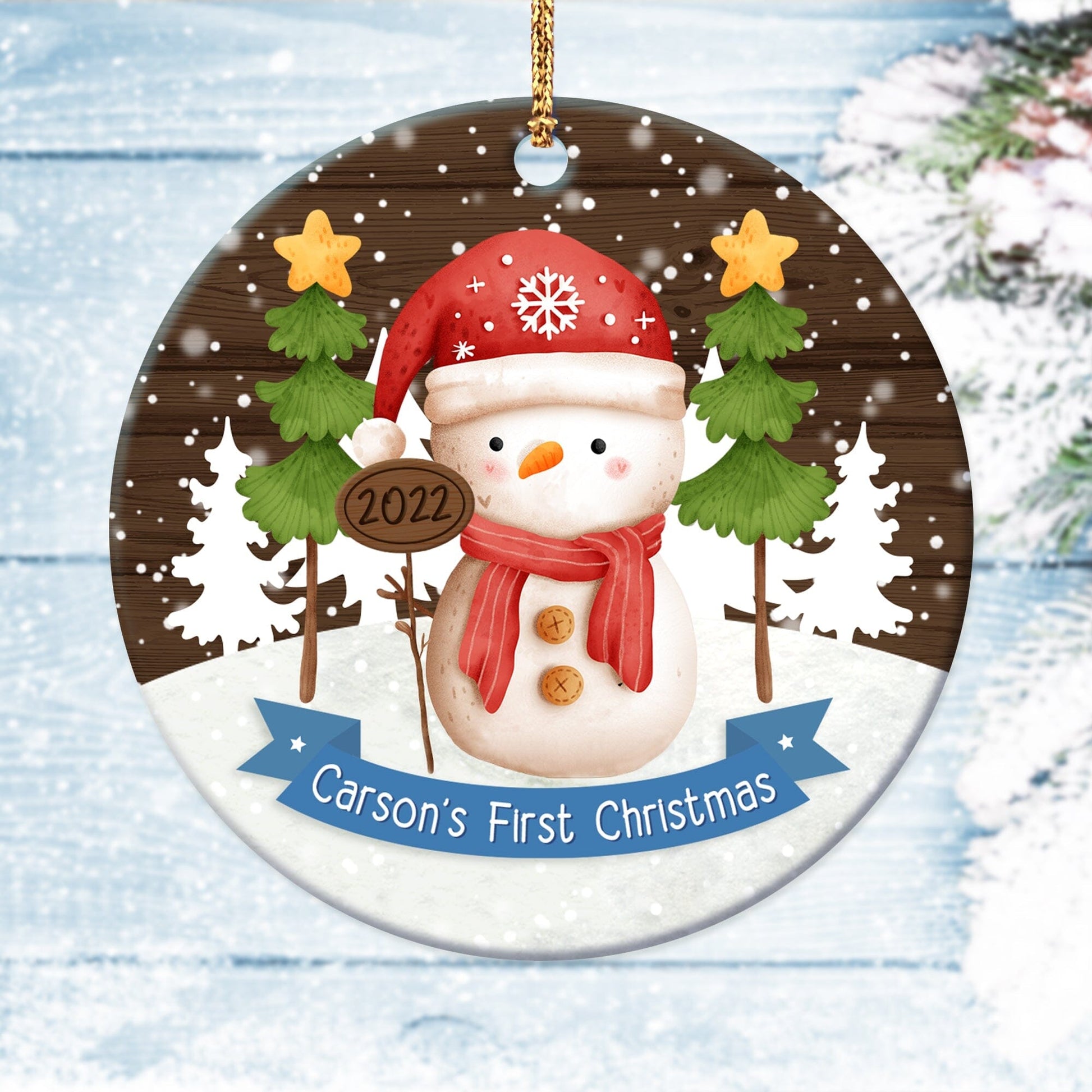 Baby's First Christmas • Customizable Family Stocking Ornament Salmon Olive Baby Boy Snowman 