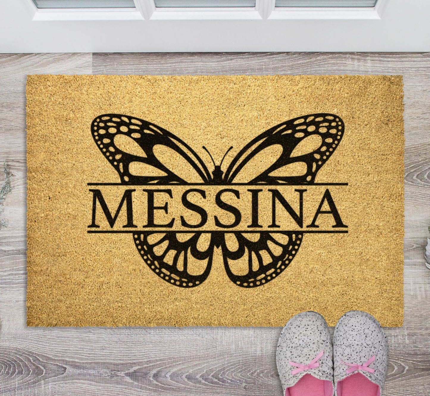 Last Name Doormats • Custom Butterfly Monogram 30" x 18" Salmon Olive