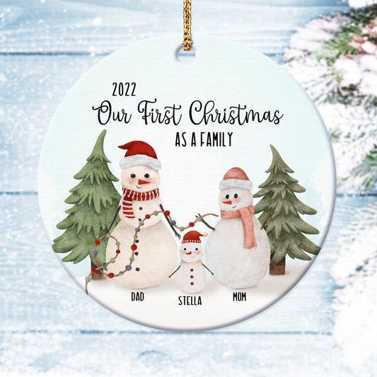 Baby's First Christmas • Customizable SnowFamily Ornament Salmon Olive Snowman Family 