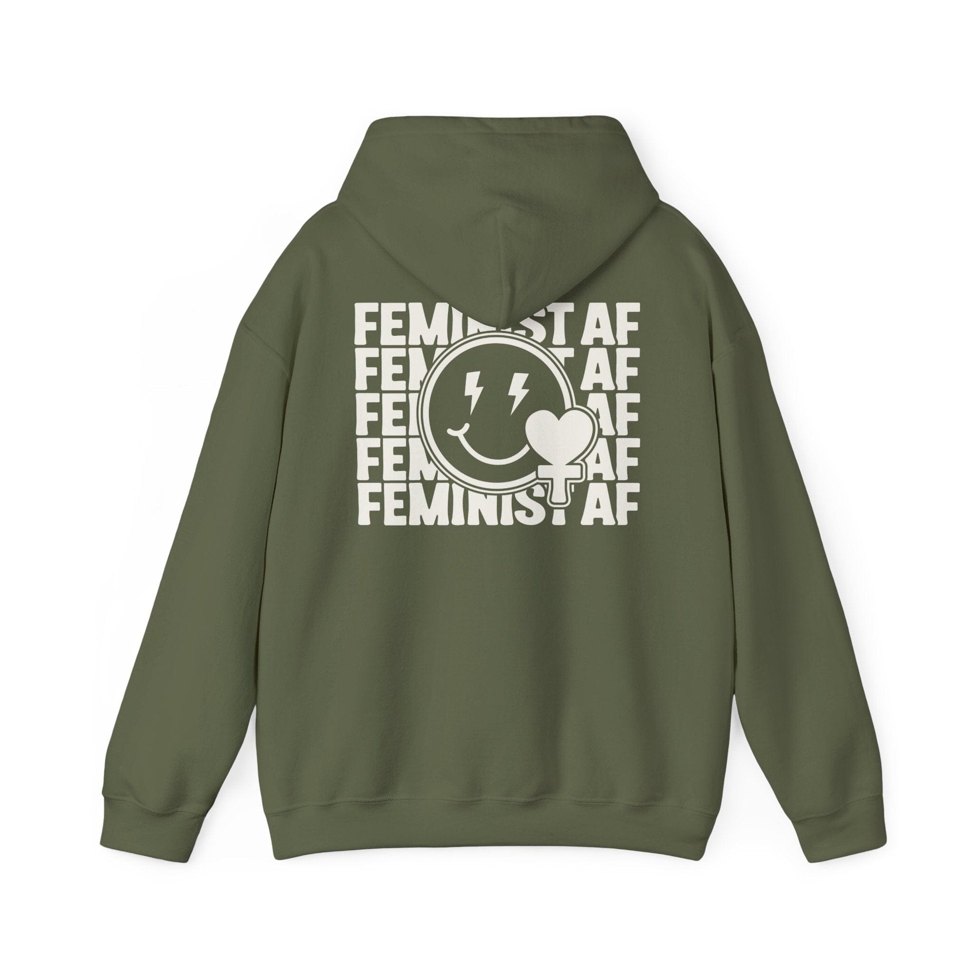 Feminist Hoodie, Smiling Face Lightning Bolts, Feminist AF Social Justice Sweatshirt Hoodie Printify S Military Green 