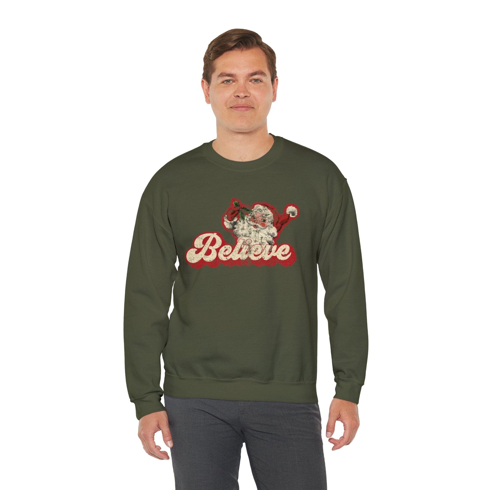 Retro Christmas Sweatshirt ~ Vintage Santa Shirt | I Believe Ugly Christmas Sweater, Oversized Crewneck Sweatshirt for Cozy Holidays Sweatshirt Printify 