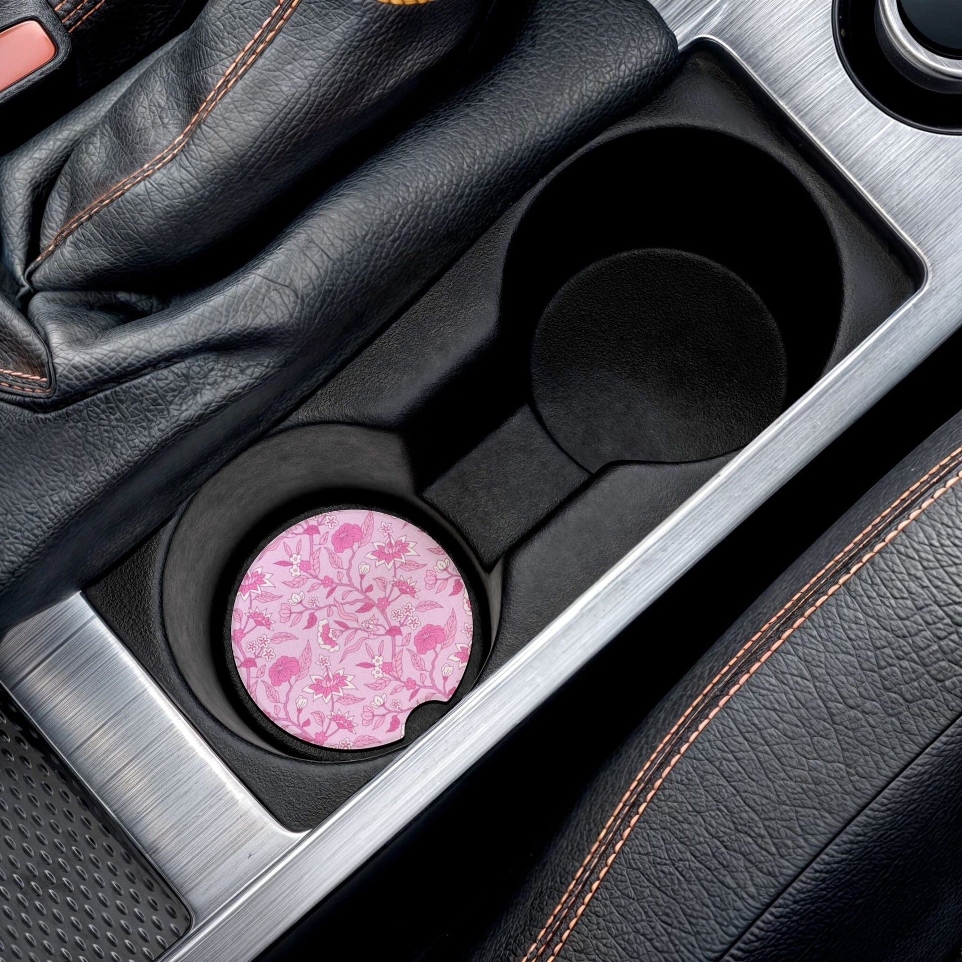 Preppy Pink Toile Car Coaster, Floral Drink Cup Holder Coaster • Cute Car Accessories Home Decor Printify 