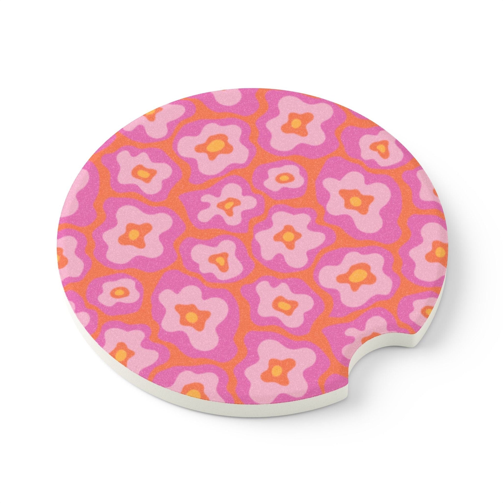 Wavy Daisy Car Coasters, Pink Retro Flowers Cup Holder Coaster • Cute Car Accessories Home Decor Printify 