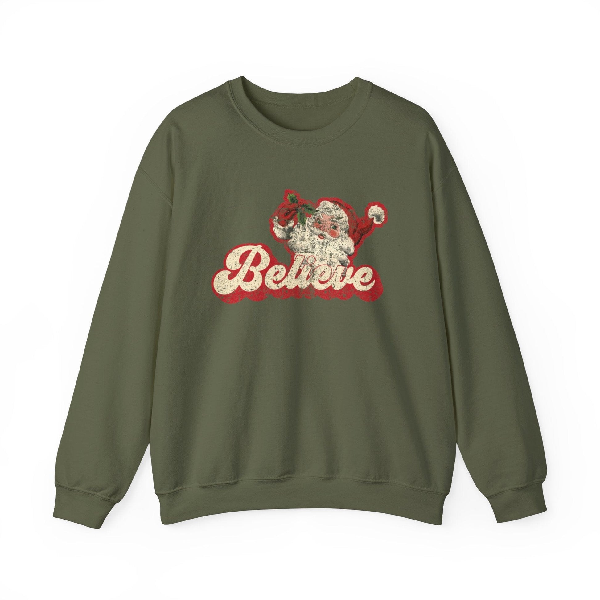 Retro Christmas Sweatshirt ~ Vintage Santa Shirt | I Believe Ugly Christmas Sweater, Oversized Crewneck Sweatshirt for Cozy Holidays Sweatshirt Printify Military Green S 