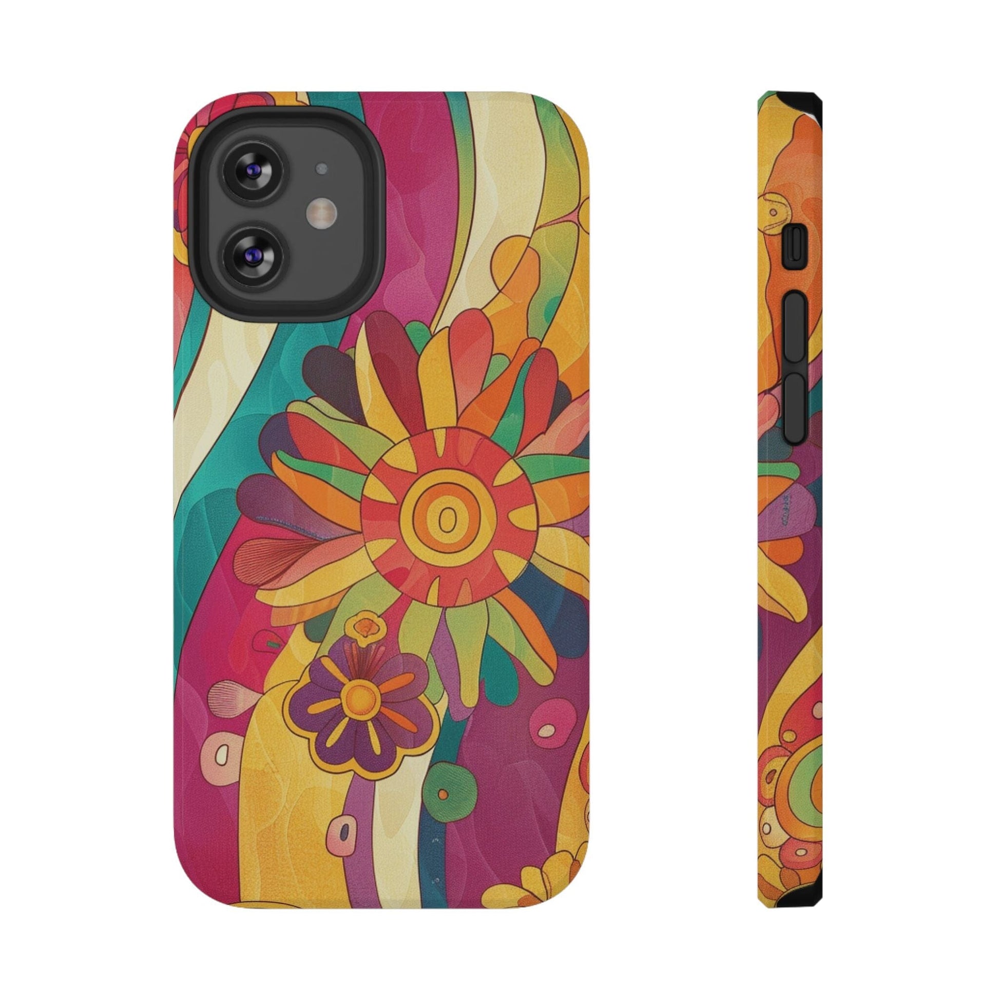 Retro Hippie Impact-Resistant Cases • 70s Daisy Flower Phone Cases Designed to fit Most iPhone and Samsung Phones Phone Case Printify iPhone 12 Mini Glossy Without gift packaging