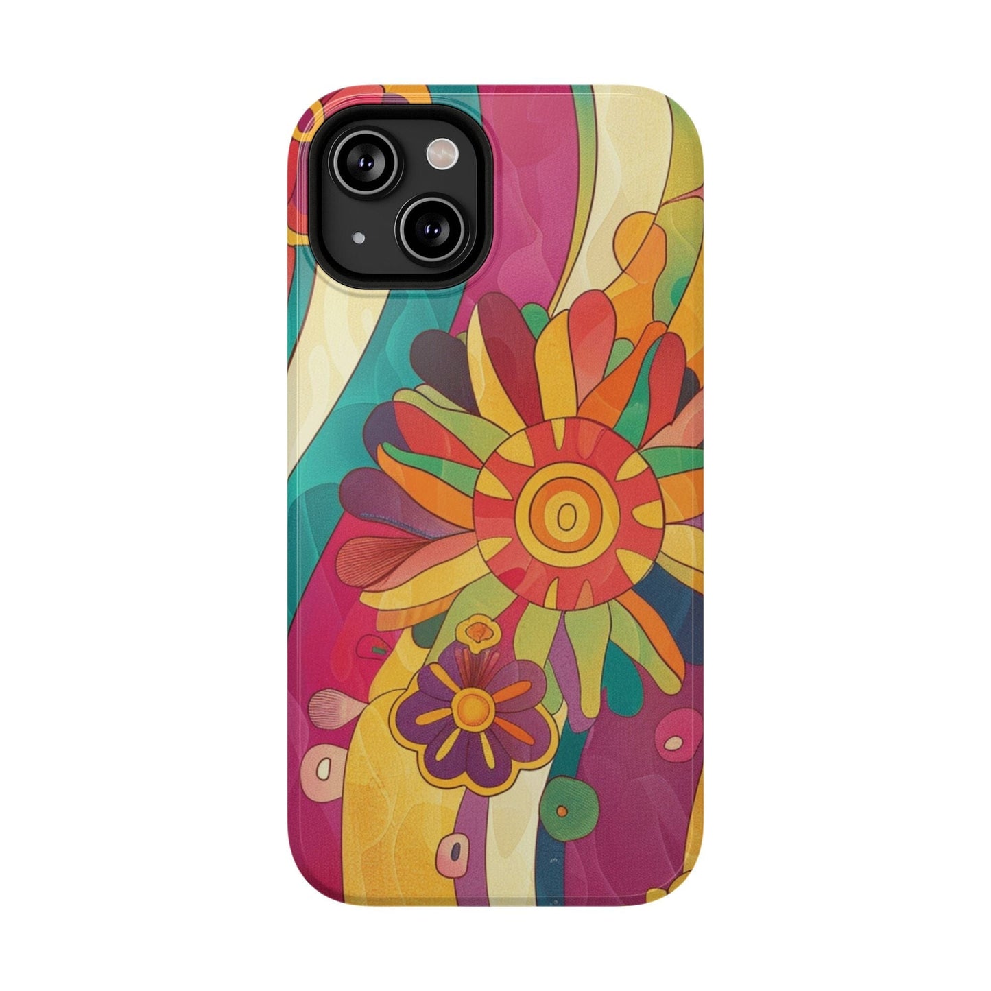 Retro Hippie Impact-Resistant Cases • 70s Daisy Flower Phone Cases Designed to fit Most iPhone and Samsung Phones Phone Case Printify iPhone 14 Glossy Without gift packaging