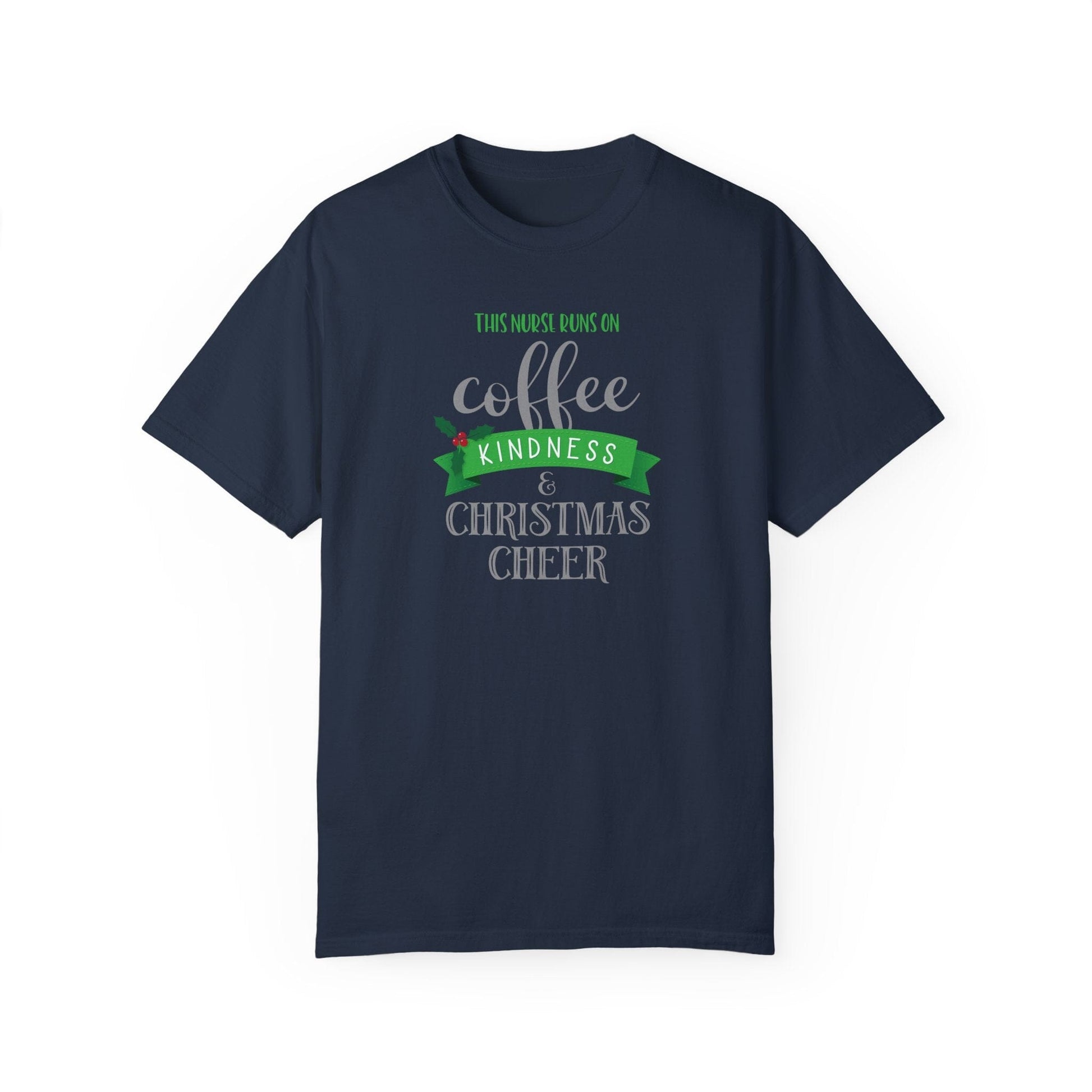 Nurse Christmas Shirt, I Run On Christmas Cheer ~ Shirts for Coffee Lovers at Christmas T-Shirt Printify Navy S 