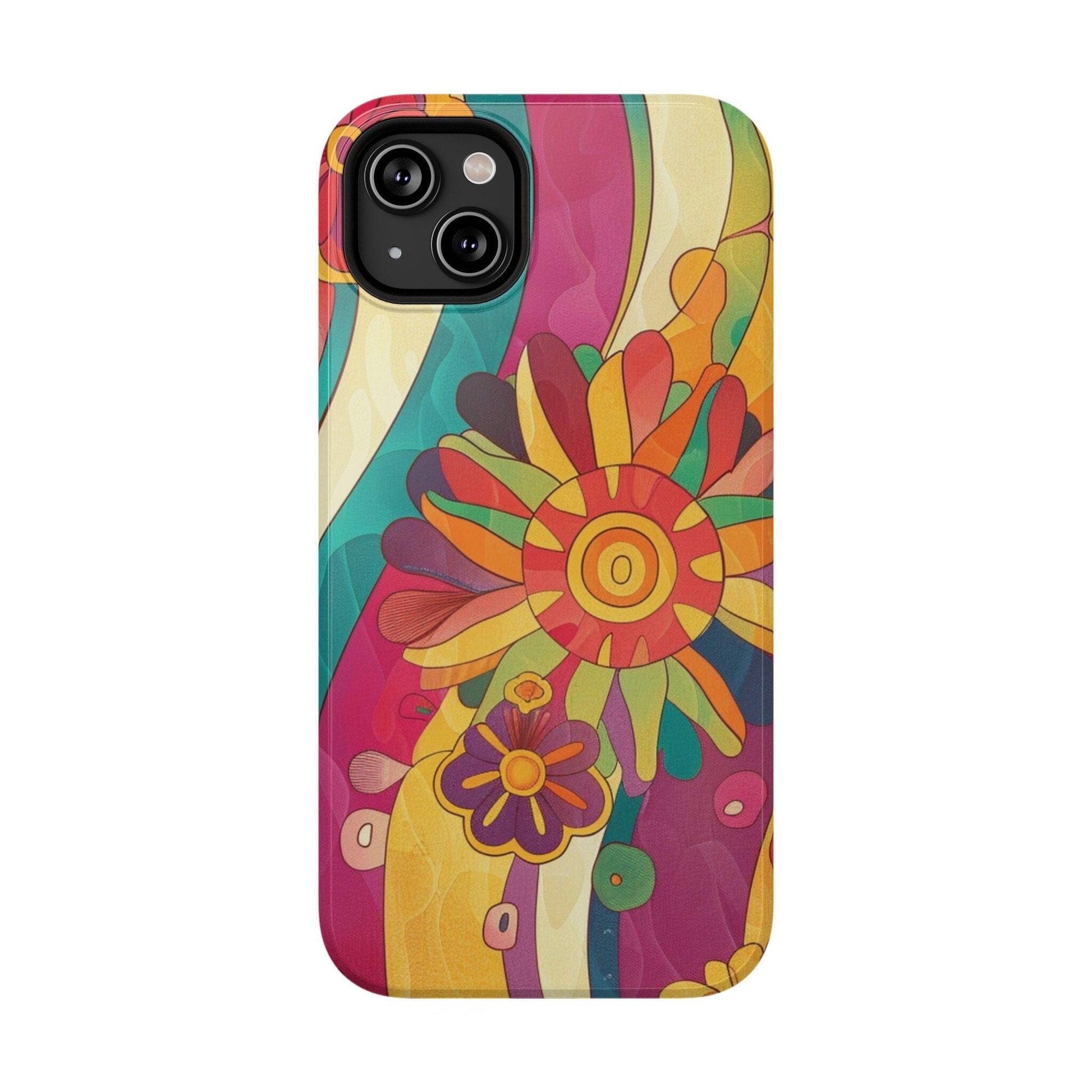 Retro Hippie Impact-Resistant Cases • 70s Daisy Flower Phone Cases Designed to fit Most iPhone and Samsung Phones Phone Case Printify iPhone 14 Plus Glossy Without gift packaging