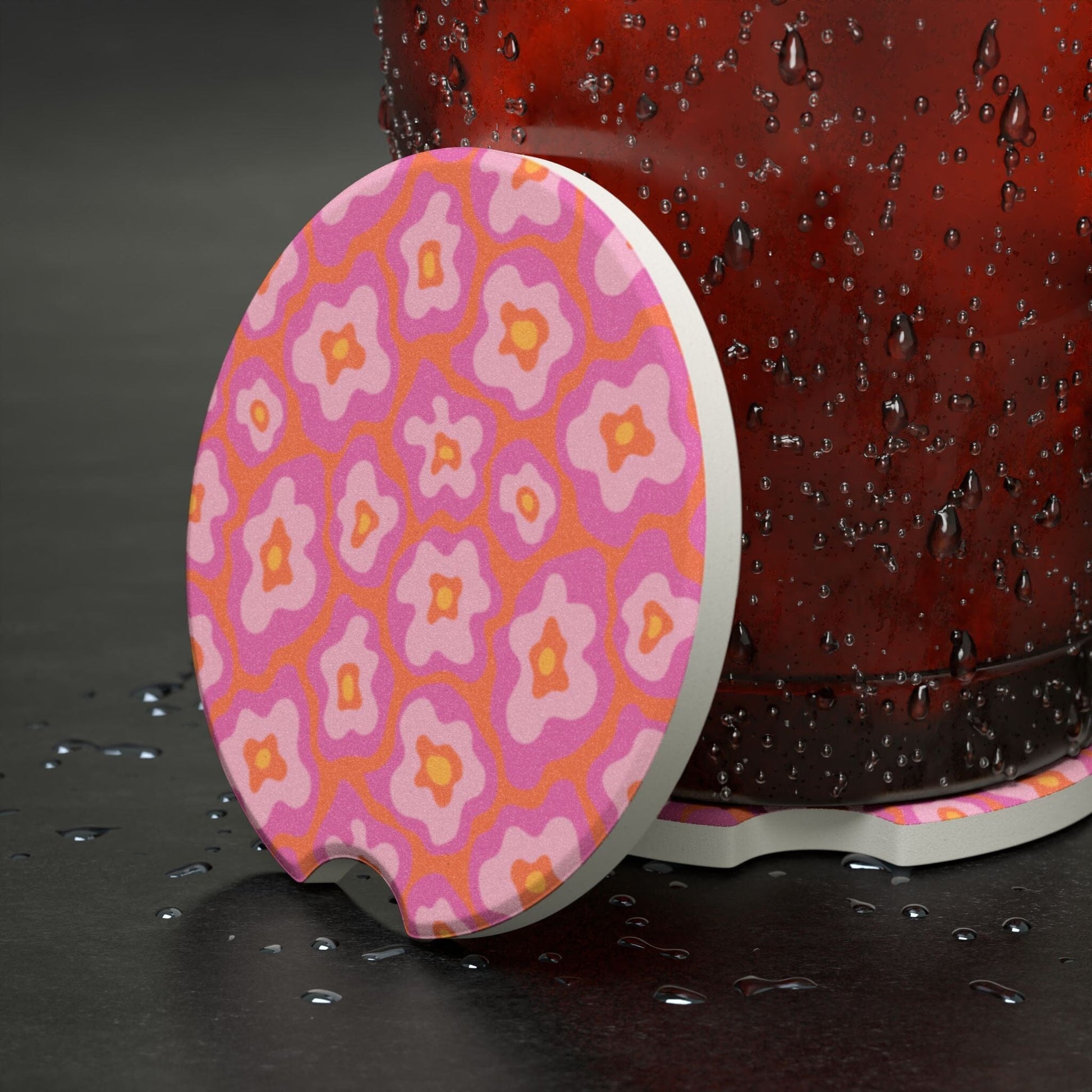 Wavy Daisy Car Coasters, Pink Retro Flowers Cup Holder Coaster • Cute Car Accessories Home Decor Printify 