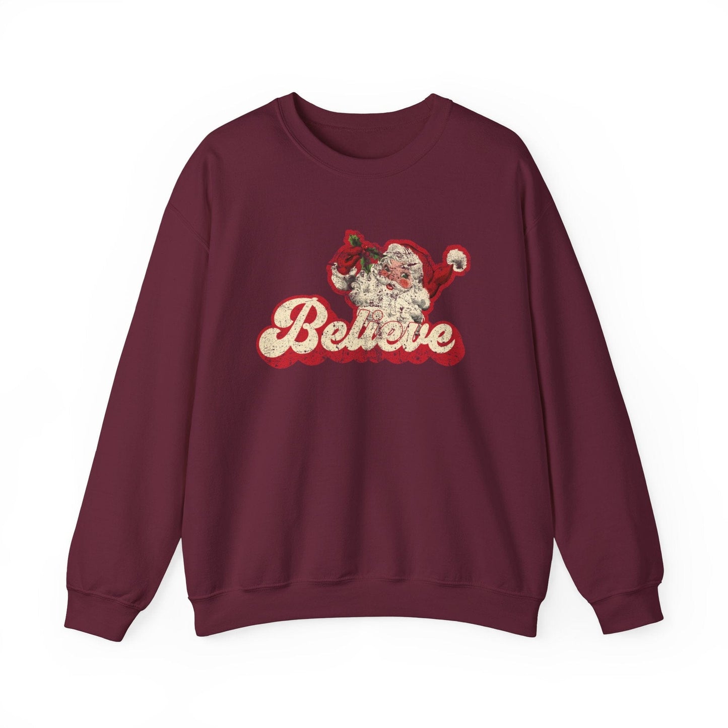 Retro Christmas Sweatshirt ~ Vintage Santa Shirt | I Believe Ugly Christmas Sweater, Oversized Crewneck Sweatshirt for Cozy Holidays Sweatshirt Printify Maroon S 