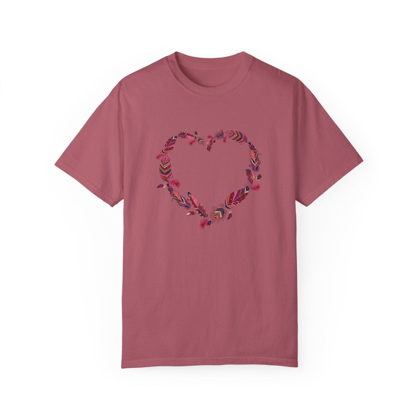 Flowers Tshirt, Boho Feathers Tshirt, Boho Valentine's Day Heart Shirt, Floral Nature Shirt, Art Nouveau Art Deco Shirt, Flowers Lover Graphic Tee T-Shirt Printify Crimson S 