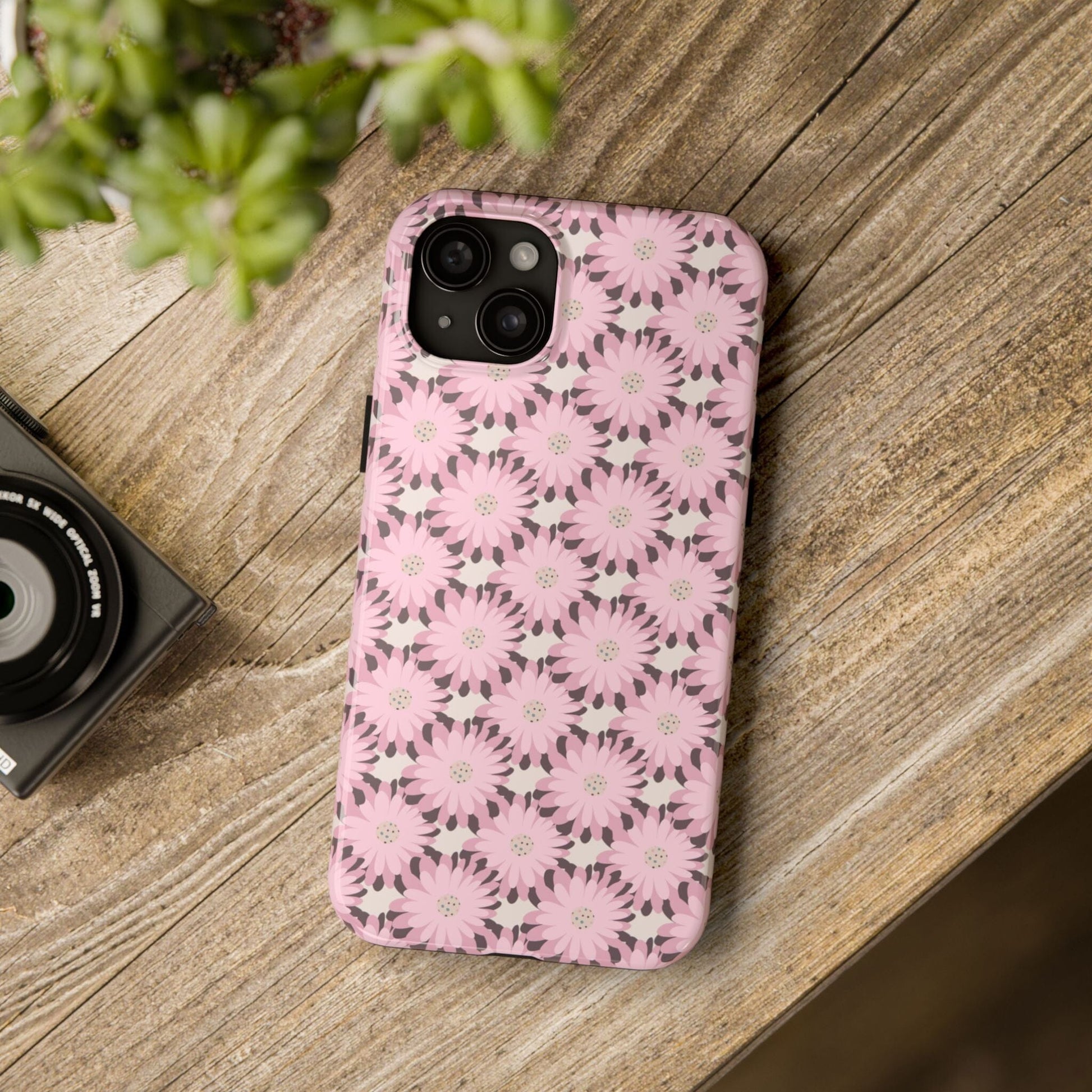 Pink iPhone Case, Daisy Flower Phonecase, Retro Floral Tough Phone Cases, Coconut Beachy Phone Case, Summer iPhone 14 13 12, Samsung Galaxy Phone Case Printify iPhone 15 Plus 