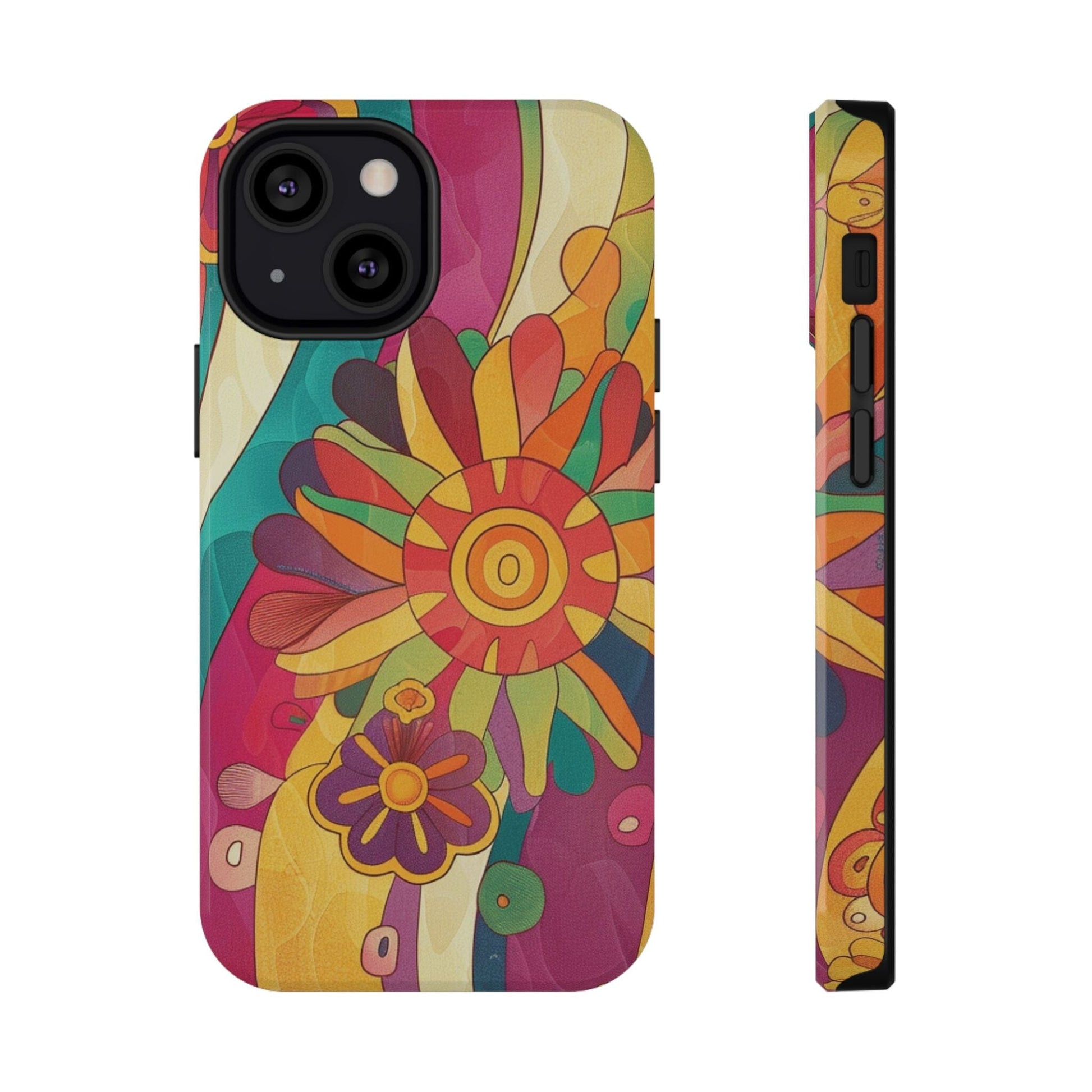 Retro Hippie Impact-Resistant Cases • 70s Daisy Flower Phone Cases Designed to fit Most iPhone and Samsung Phones Phone Case Printify iPhone 13 Mini Glossy Without gift packaging