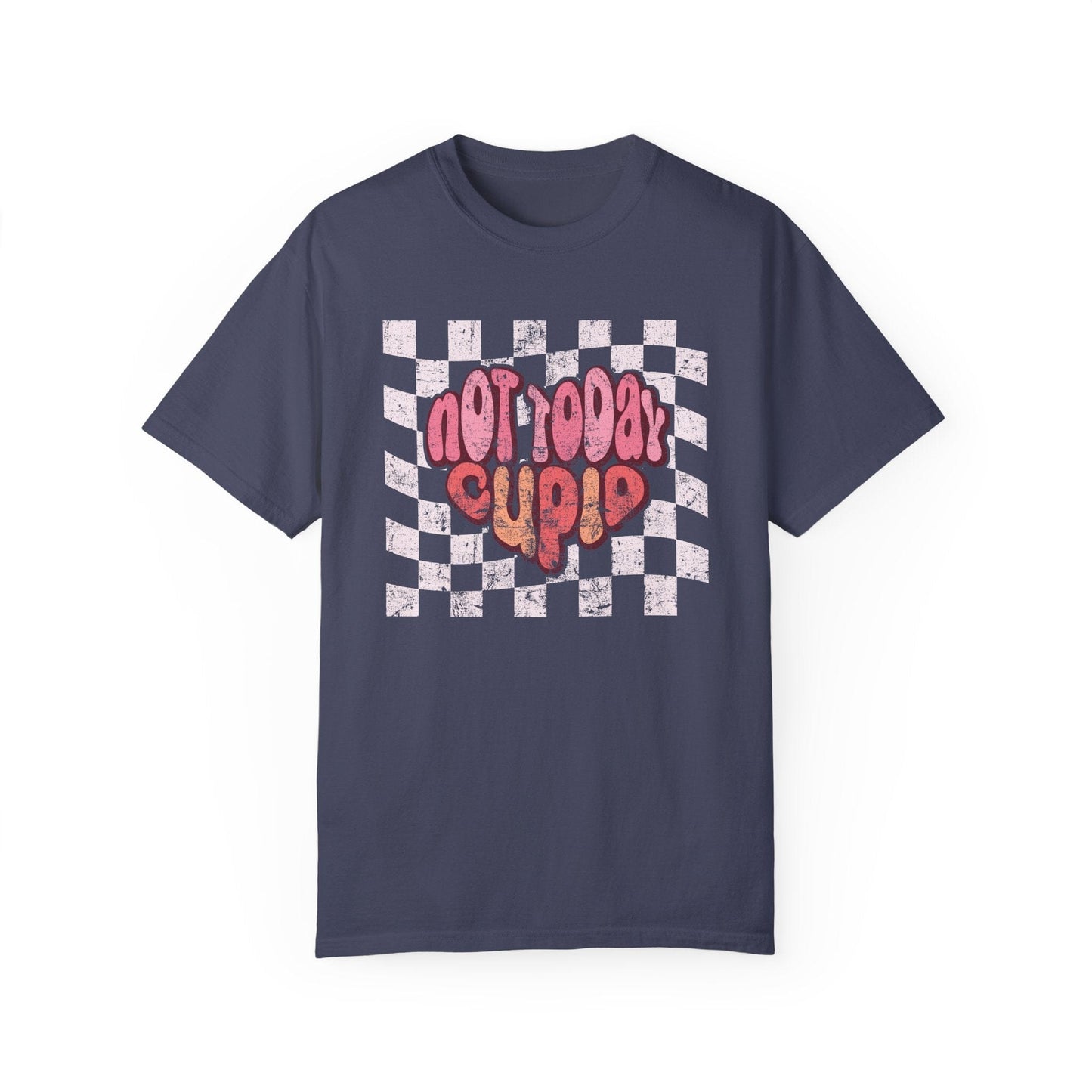 Not Today Cupid Valentine Heart Shirt, Retro Love T-Shirt, Y2K Skater Shirt, Checker heart tee, Heart Love Shirt, VIntage Distressed T-Shirt Printify Denim S 