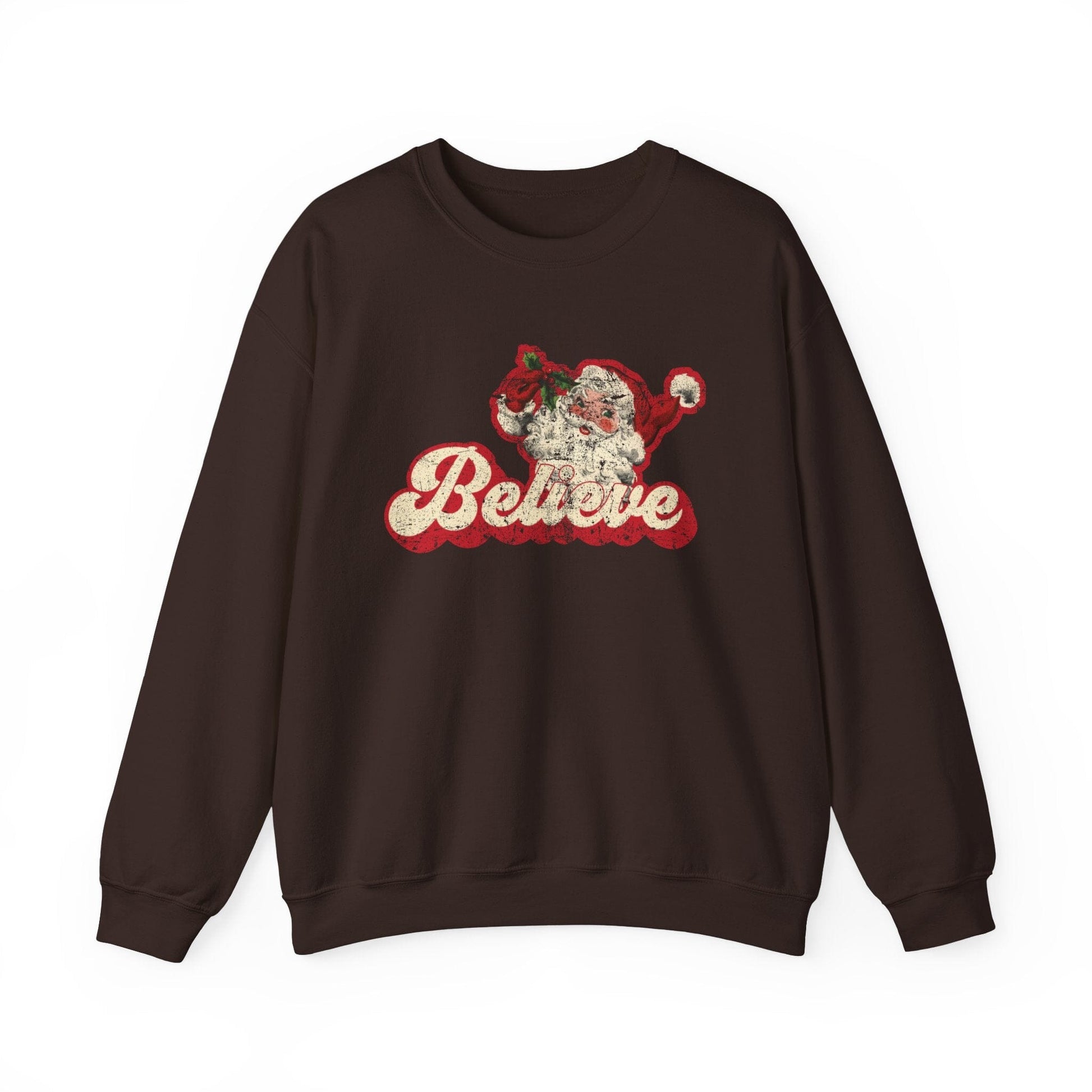 Retro Christmas Sweatshirt ~ Vintage Santa Shirt | I Believe Ugly Christmas Sweater, Oversized Crewneck Sweatshirt for Cozy Holidays Sweatshirt Printify Dark Chocolate S 