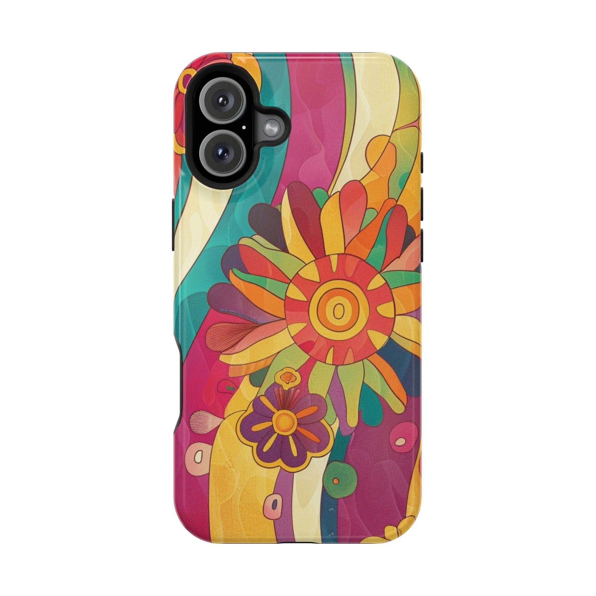 Retro Hippie Impact-Resistant Cases • 70s Daisy Flower Phone Cases Designed to fit Most iPhone and Samsung Phones Phone Case Printify iPhone 16 Plus Glossy Without gift packaging