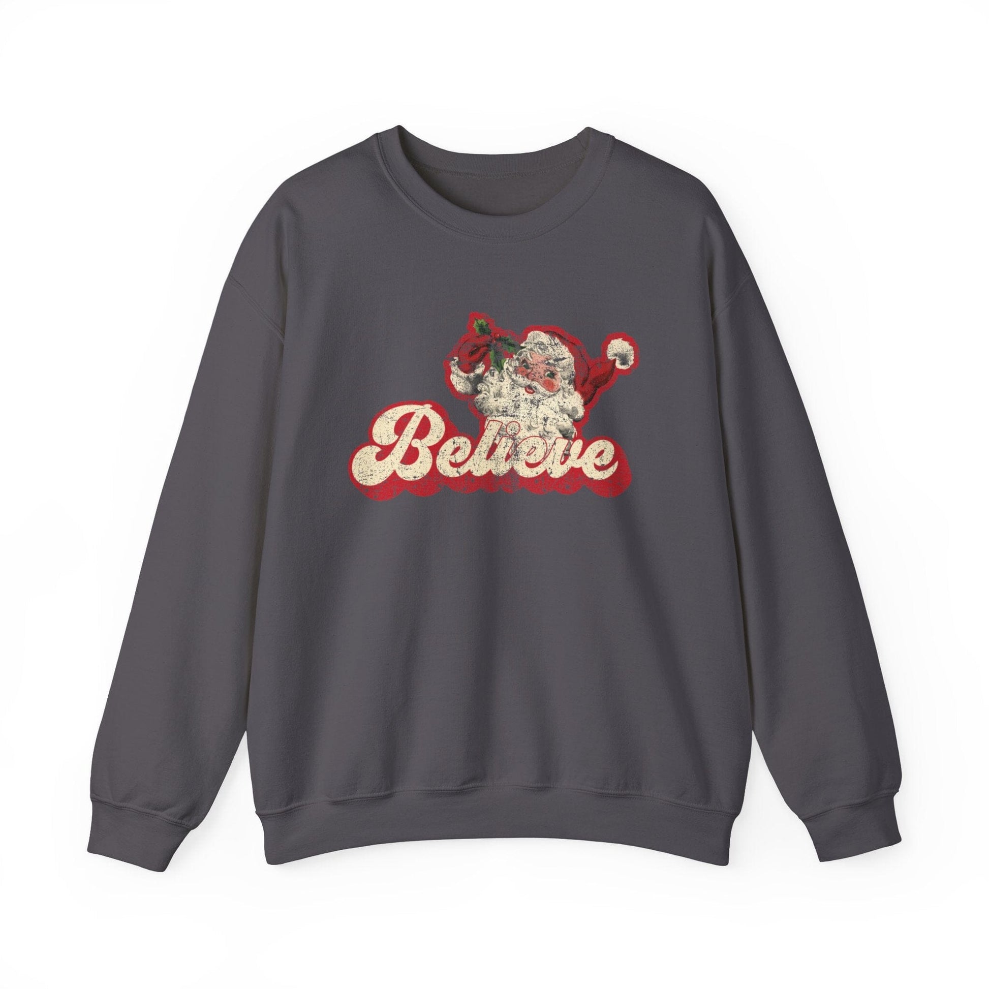 Retro Christmas Sweatshirt ~ Vintage Santa Shirt | I Believe Ugly Christmas Sweater, Oversized Crewneck Sweatshirt for Cozy Holidays Sweatshirt Printify Charcoal S 