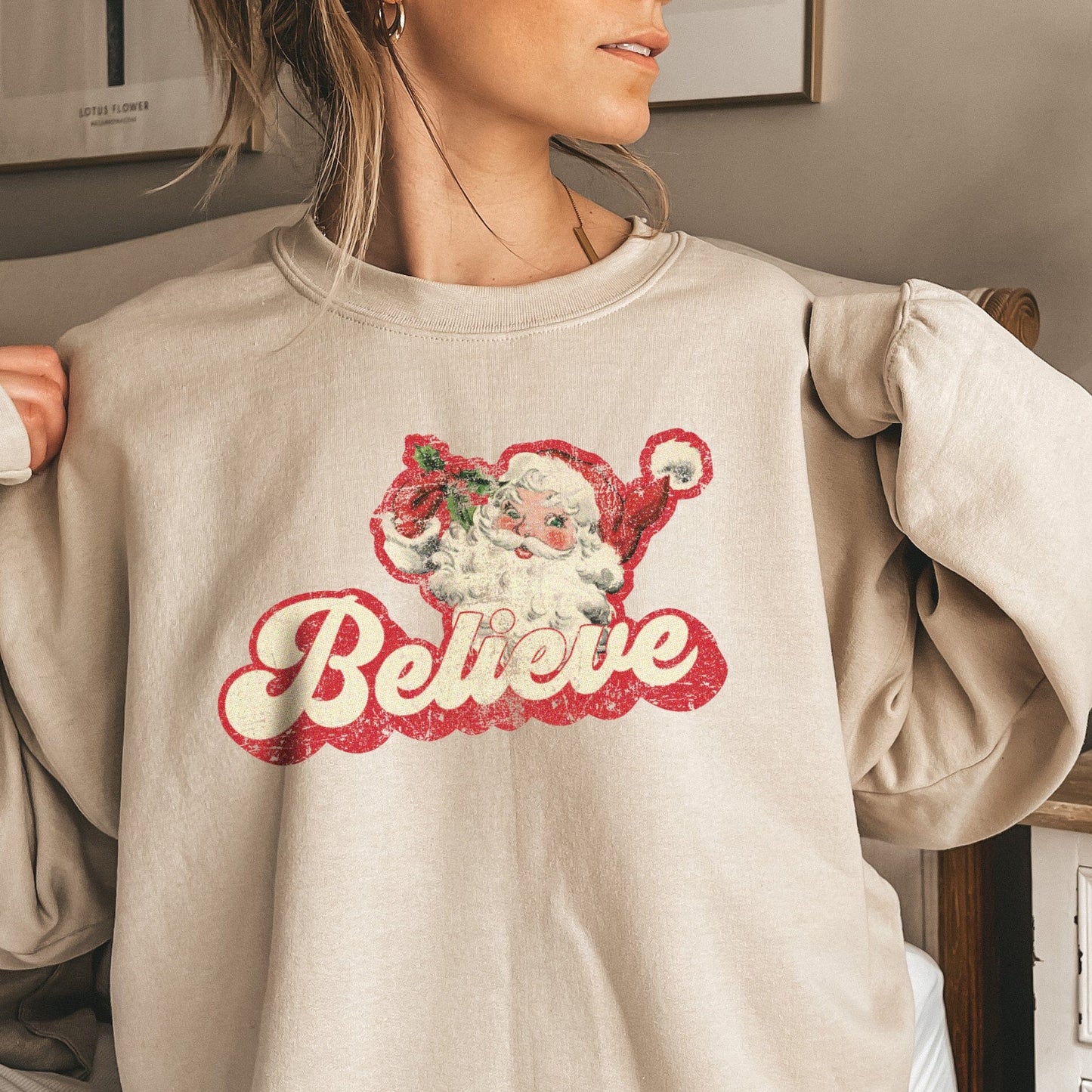 Retro Christmas Sweatshirt ~ Vintage Santa Shirt | I Believe Ugly Christmas Sweater, Oversized Crewneck Sweatshirt for Cozy Holidays Sweatshirt Printify Sand S 