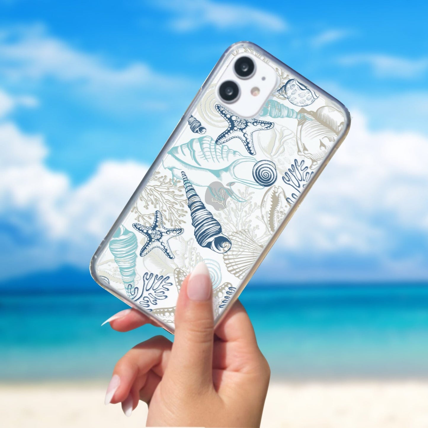 Clear iPhone Case • Blue Seashells Phone Case - Fits Most iPhone and Samsung Phones Phone Case Printify 