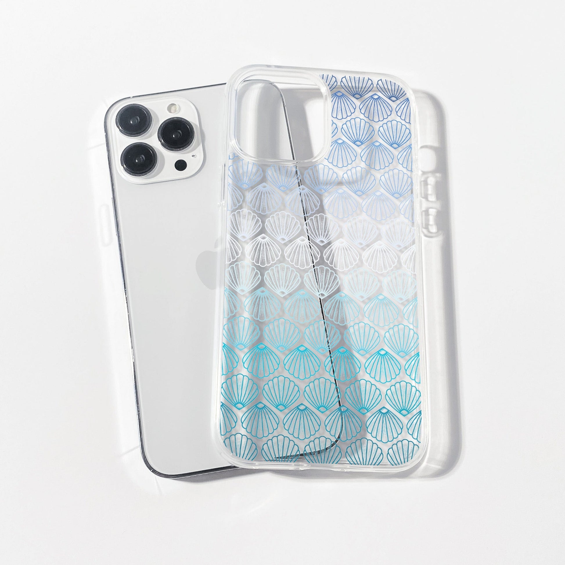 Clear Phone Case, Ombre Seashell Phone Case in Blue • Fits most iPhone and Samsung Models Phone Case Printify iPhone 16 Without gift packaging 