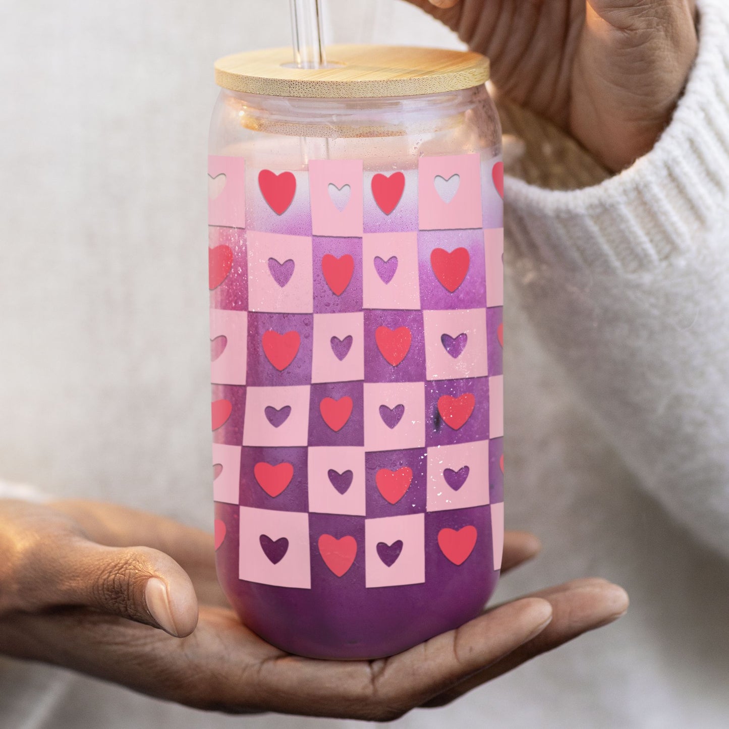 Coquette Heart Sipper Glass • XOXO Pink Iced Coffee Cup, Cute Bachelorette Drinkware Gifts Mug Printify 
