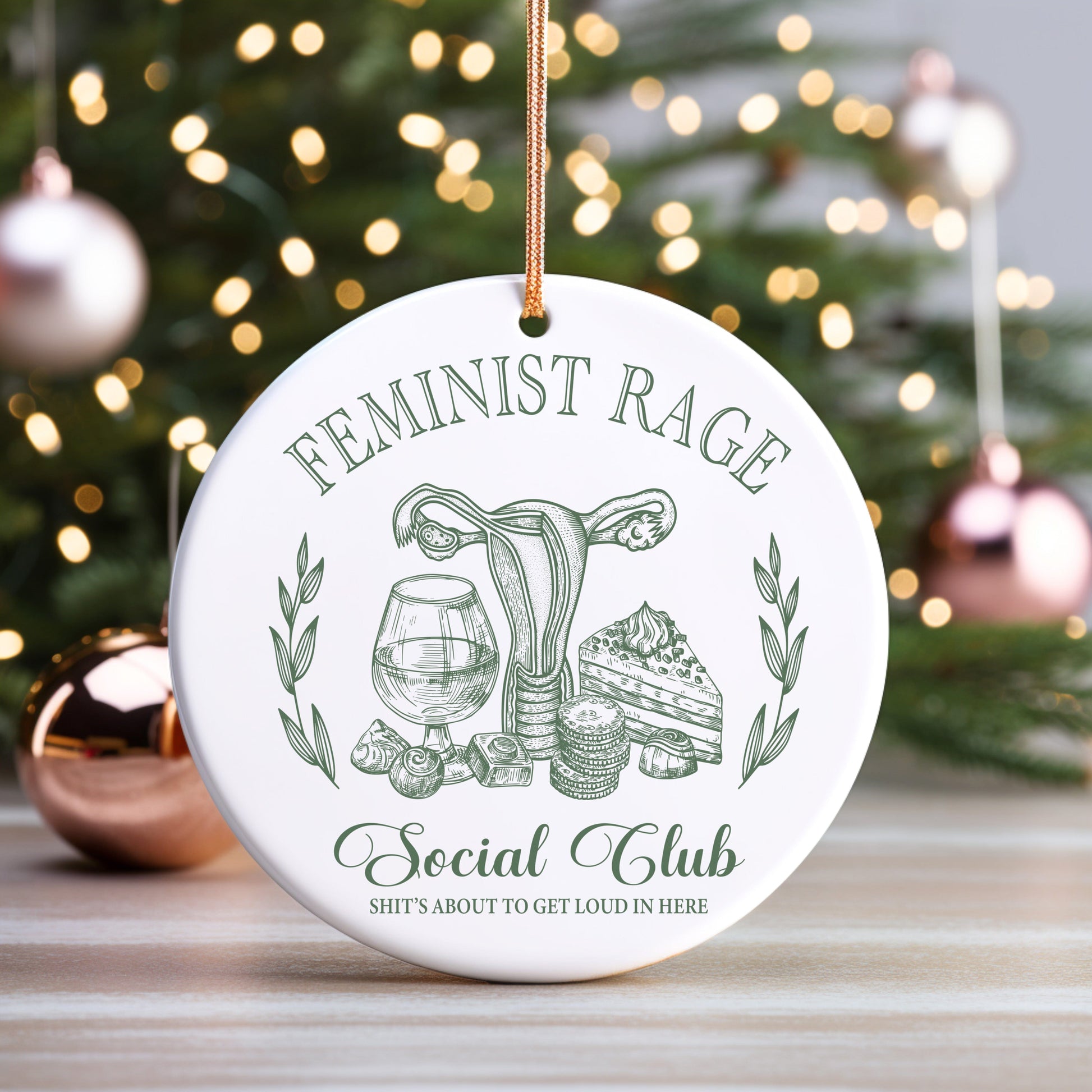 Feminist Rage Social Club Christmas Ornament, Green Home Decor Printify 