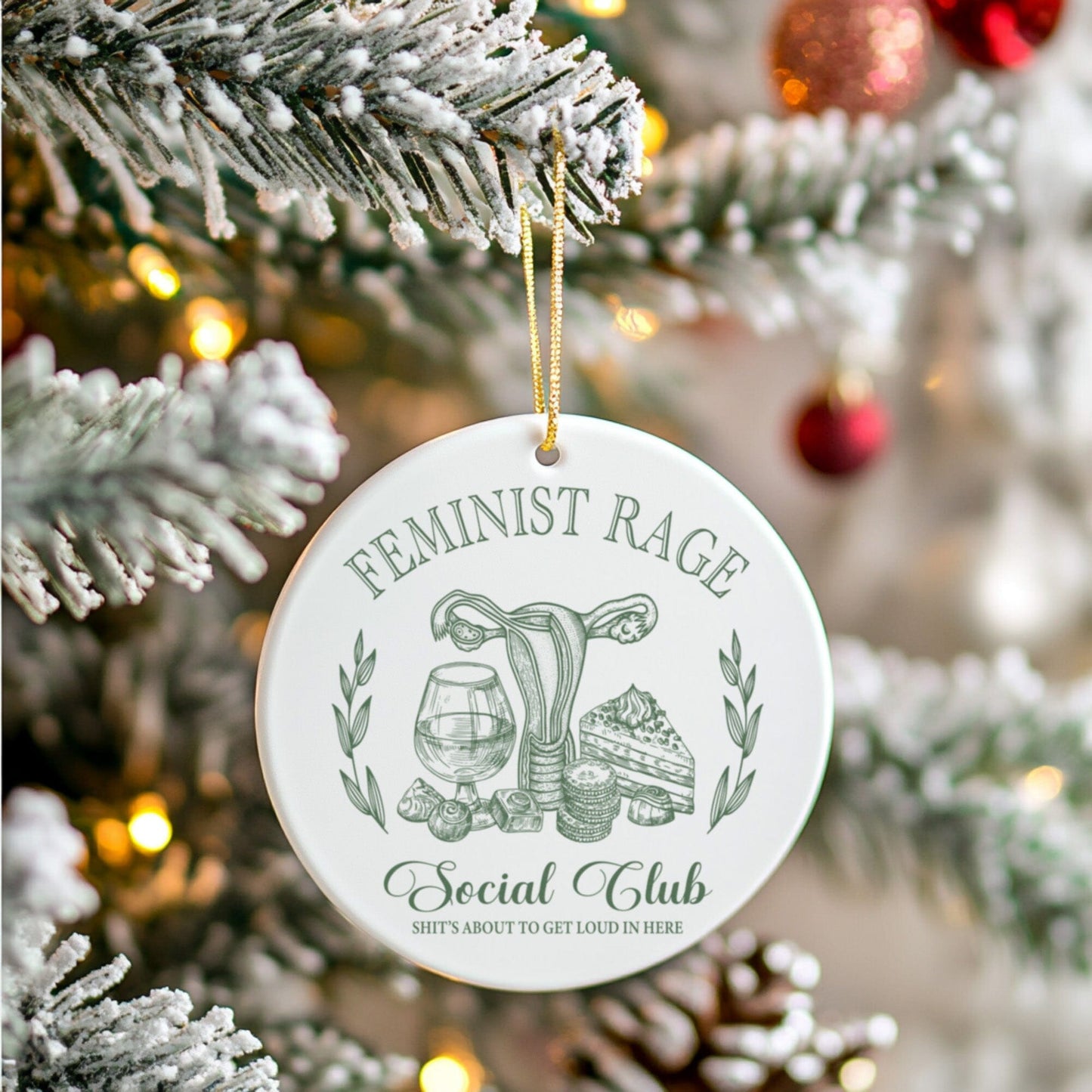 Feminist Rage Social Club Christmas Ornament, Green Home Decor Printify 