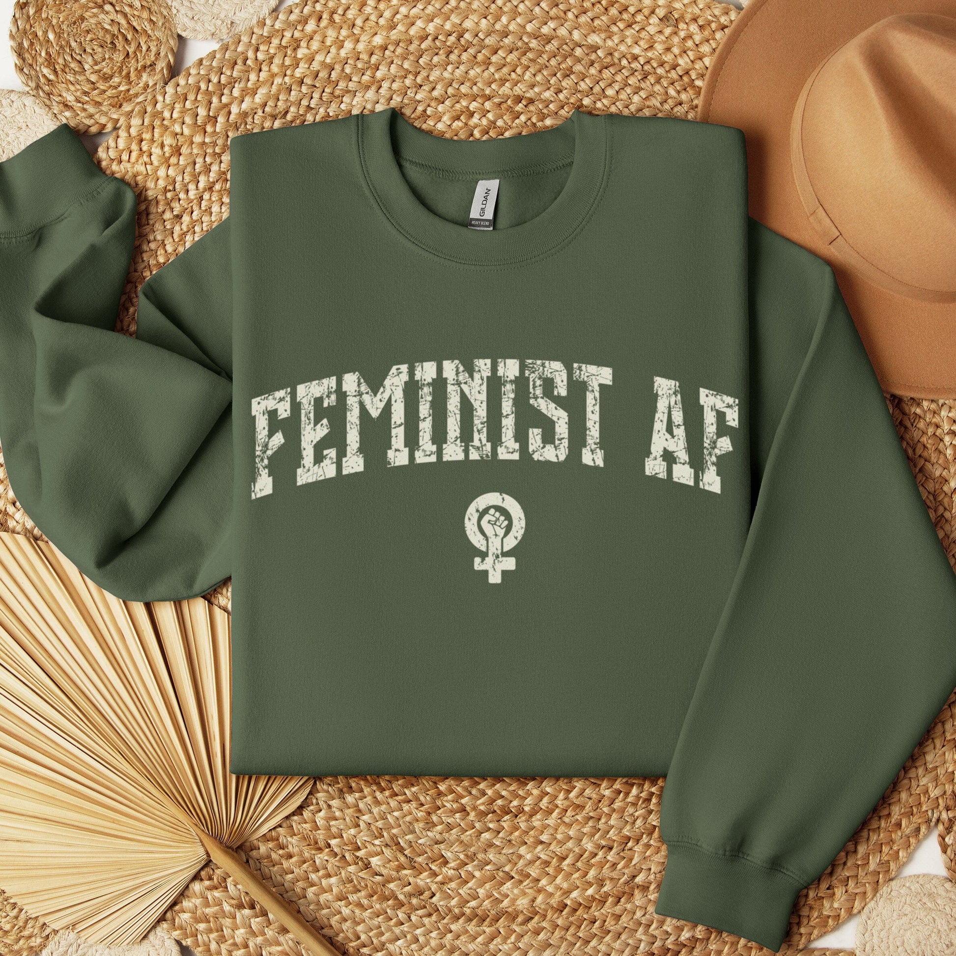 Feminist AF Sweatshirt, Womens Rights Shirts Female Empowerment Crewneck Sweatshirt Printify Military Green S 