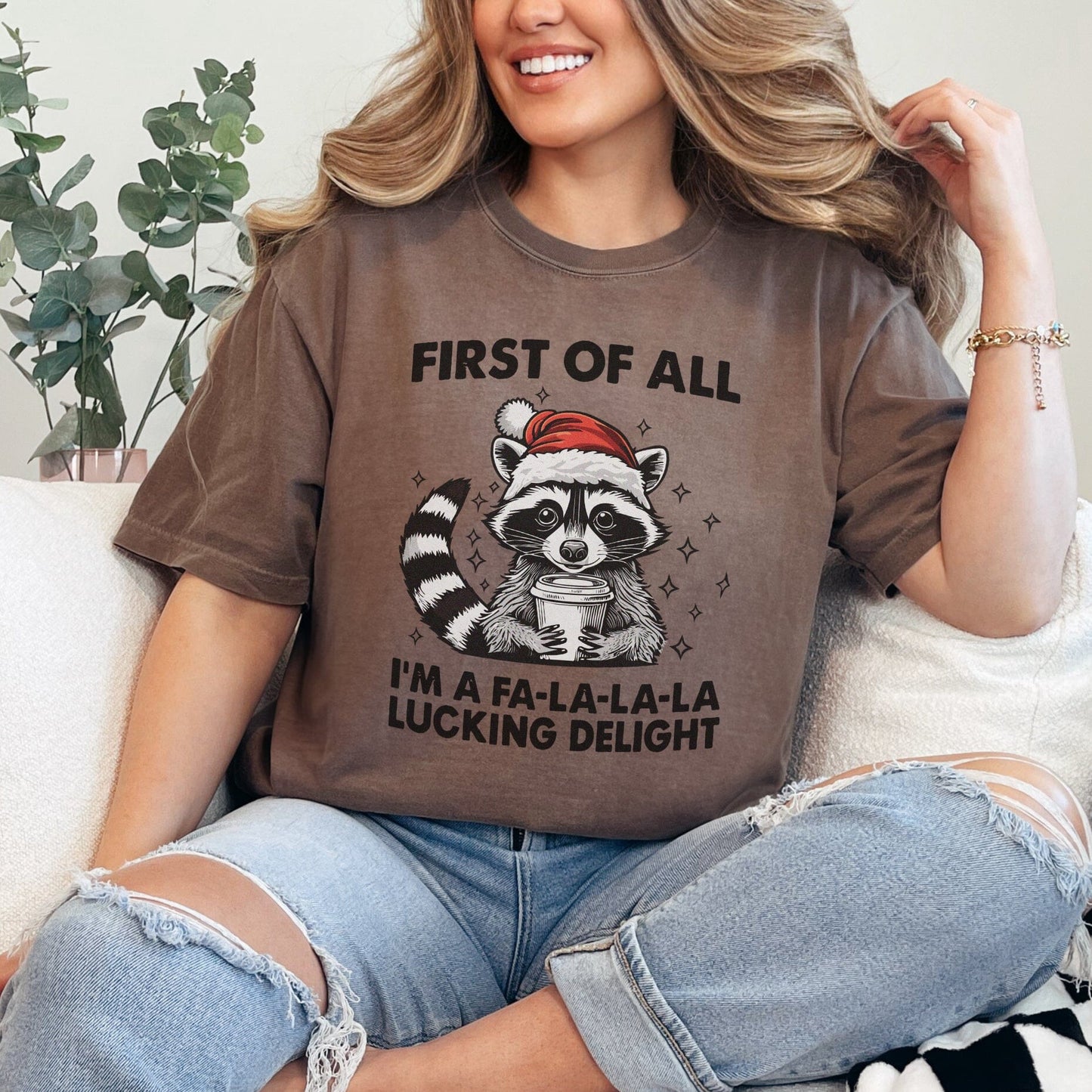 Christmas Raccoon Shirt ~ First of All, I'm A Delight Christmas Sweater T-Shirt Printify Espresso S 