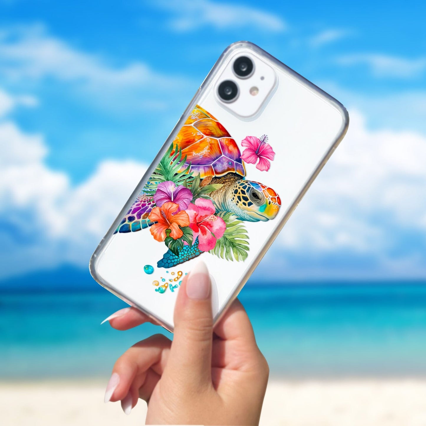 Coconut Girl Ocean Inspired Phone Cases, Sea Turtle and Hibiscus Flower Clear Phone Case Compatible with most iPhone and Samsung Models Phone Case Printify iPhone 14 Without gift packaging 