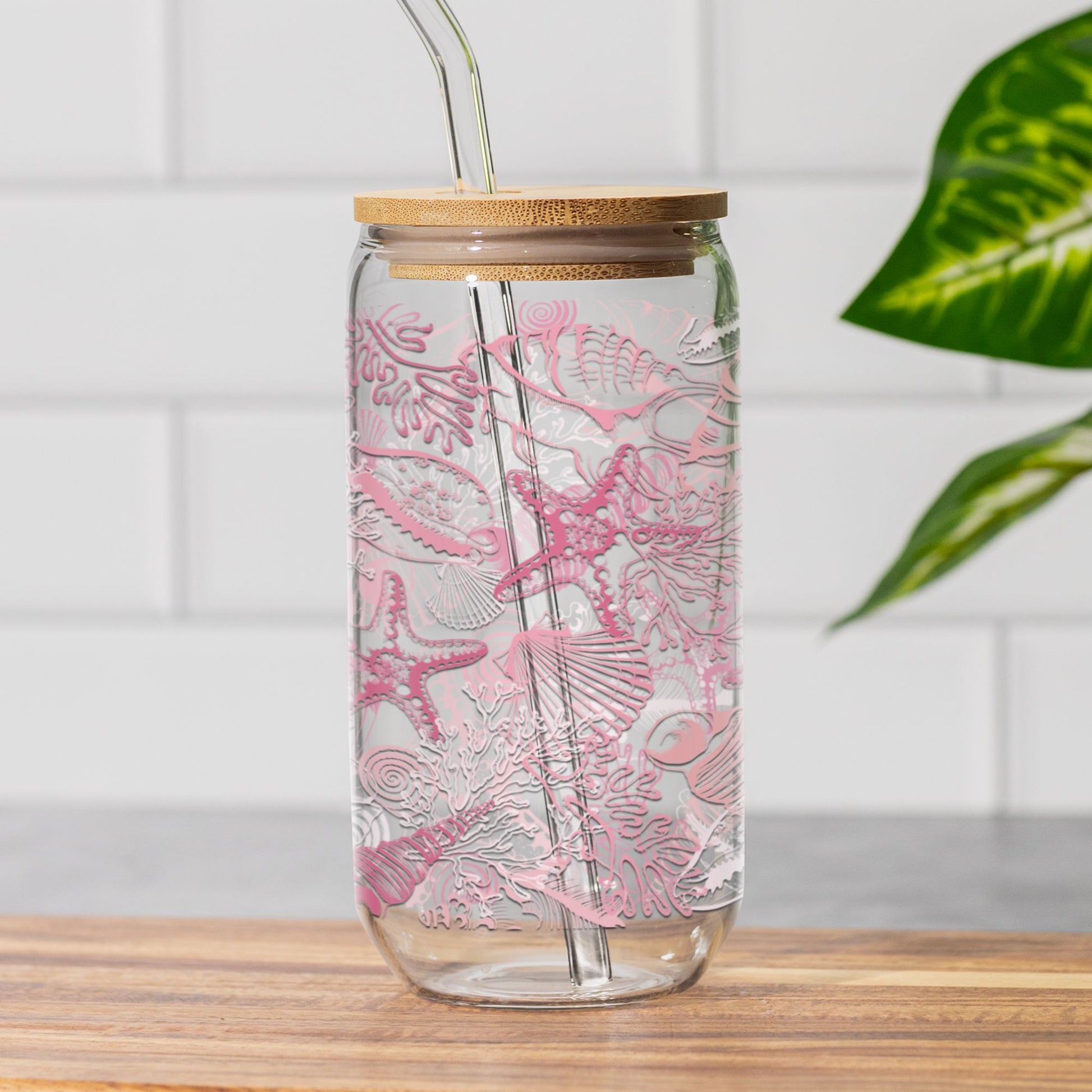 Pink Shells Sipper Glass • Coastal Vibes Beach House Decor Mug Printify 