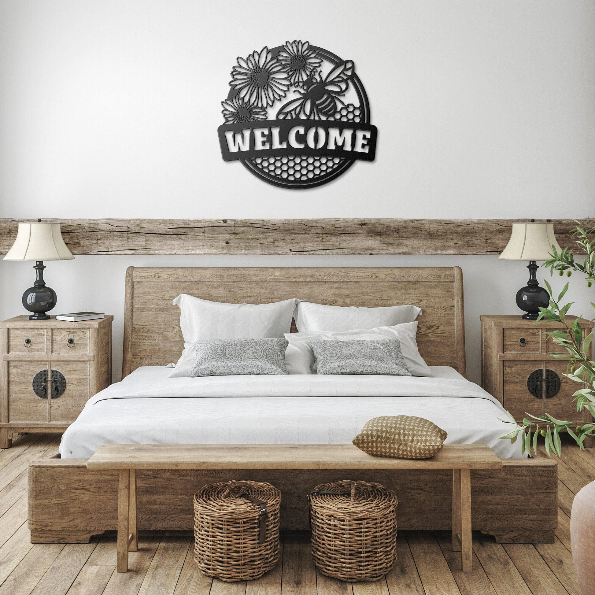 Honey Bee Welcome Sign • Metal House Signs Wall Art teelaunch Black 14 Inch 