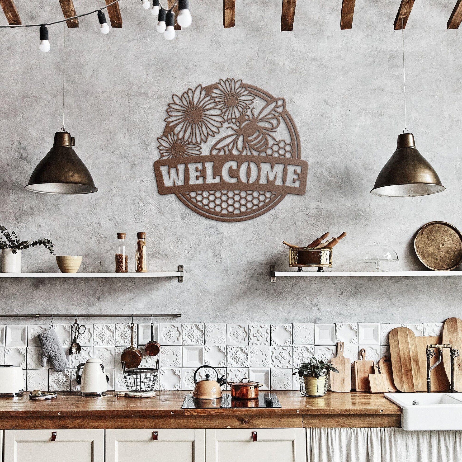 Honey Bee Welcome Sign • Metal House Signs Wall Art teelaunch Copper 14 Inch 