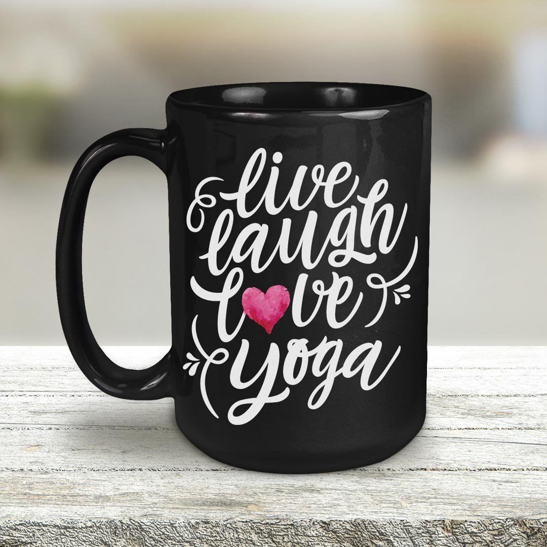 Live, Laugh, Love, Yoga 15oz. Black Coffee Mug
