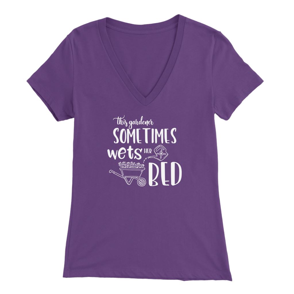 This Gardener Sometimes Wets Her Bed • V-neck Gardening Tshirt T-shirt teelaunch Bella Womens V-Neck Purple S