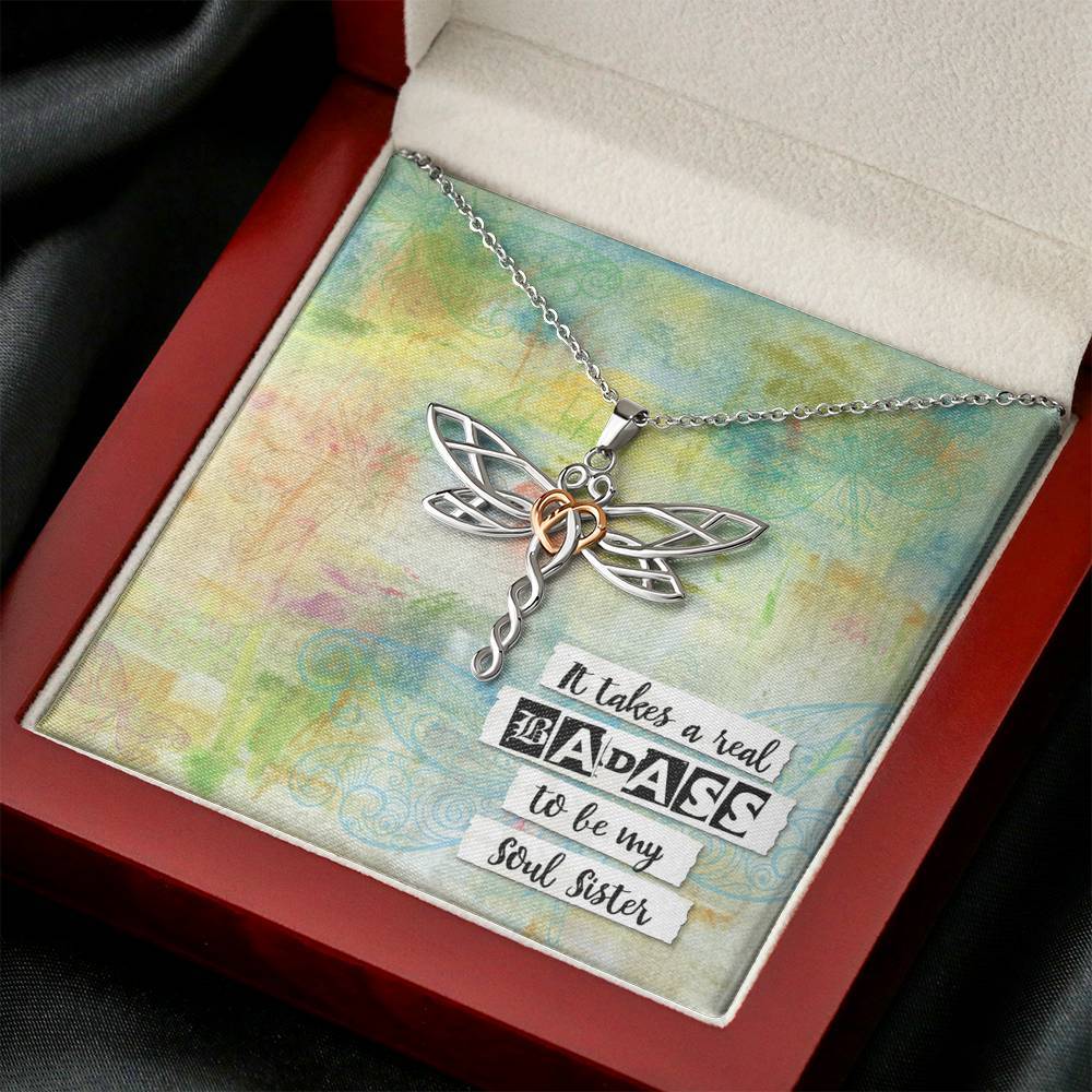 Soul Sister Dragonfly Pendant • Badass Message Card Jewelry ShineOn Fulfillment Mahogany Style Luxury Box 