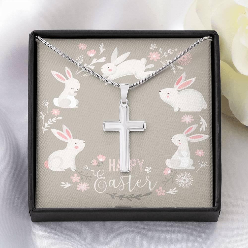 Kid's Easter Cross Necklace • Happy Easter with Bunnies Card Jewelry ShineOn Fulfillment Standard Box 