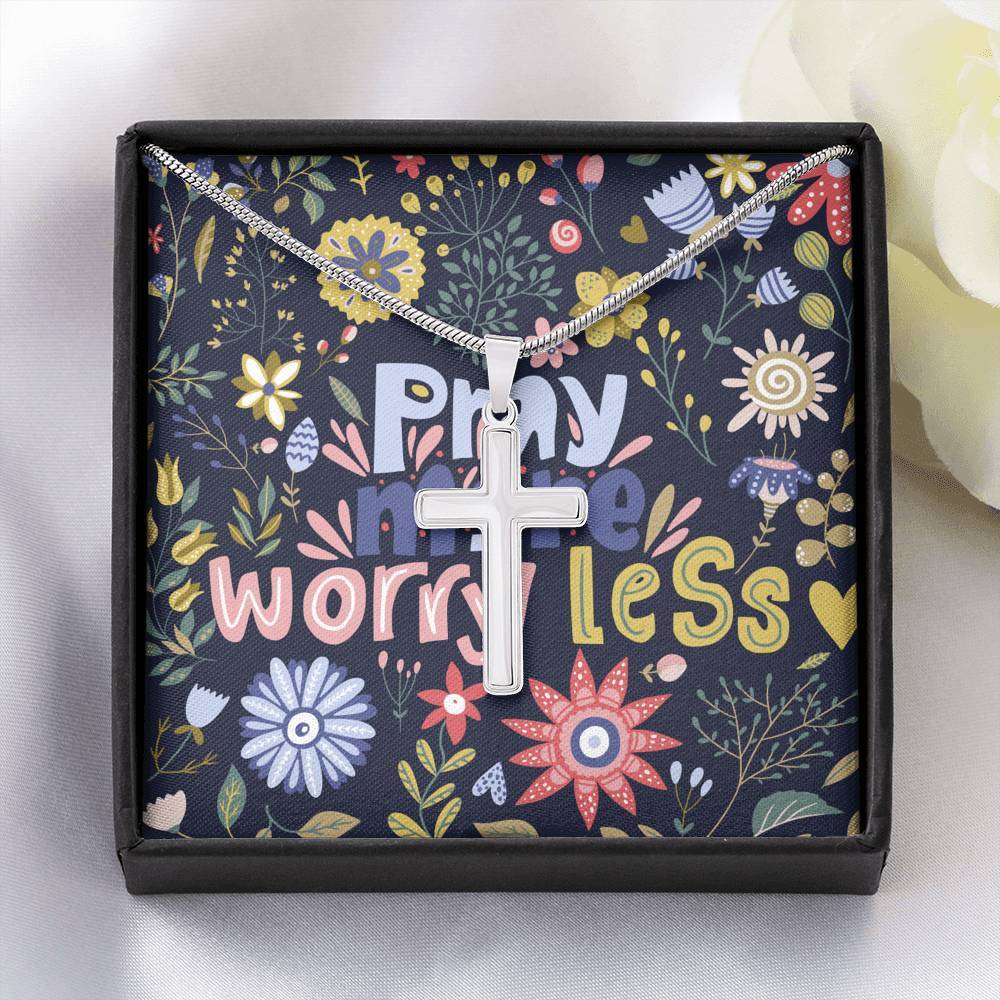 Silver Cross Necklace • Framable Pray More, Worry Less Art Card Jewelry ShineOn Fulfillment Standard Box 