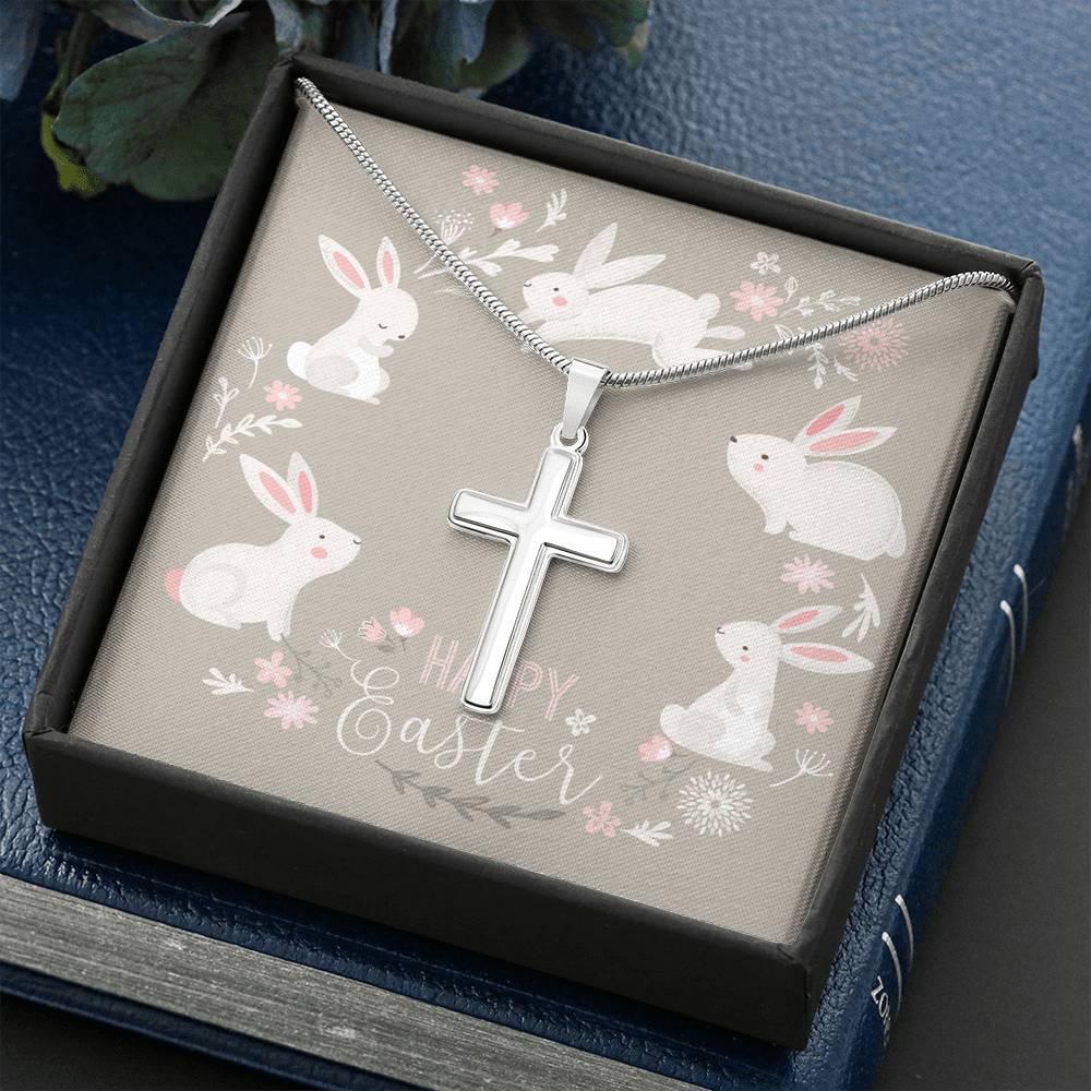 Kid's Easter Cross Necklace • Happy Easter with Bunnies Card Jewelry ShineOn Fulfillment 