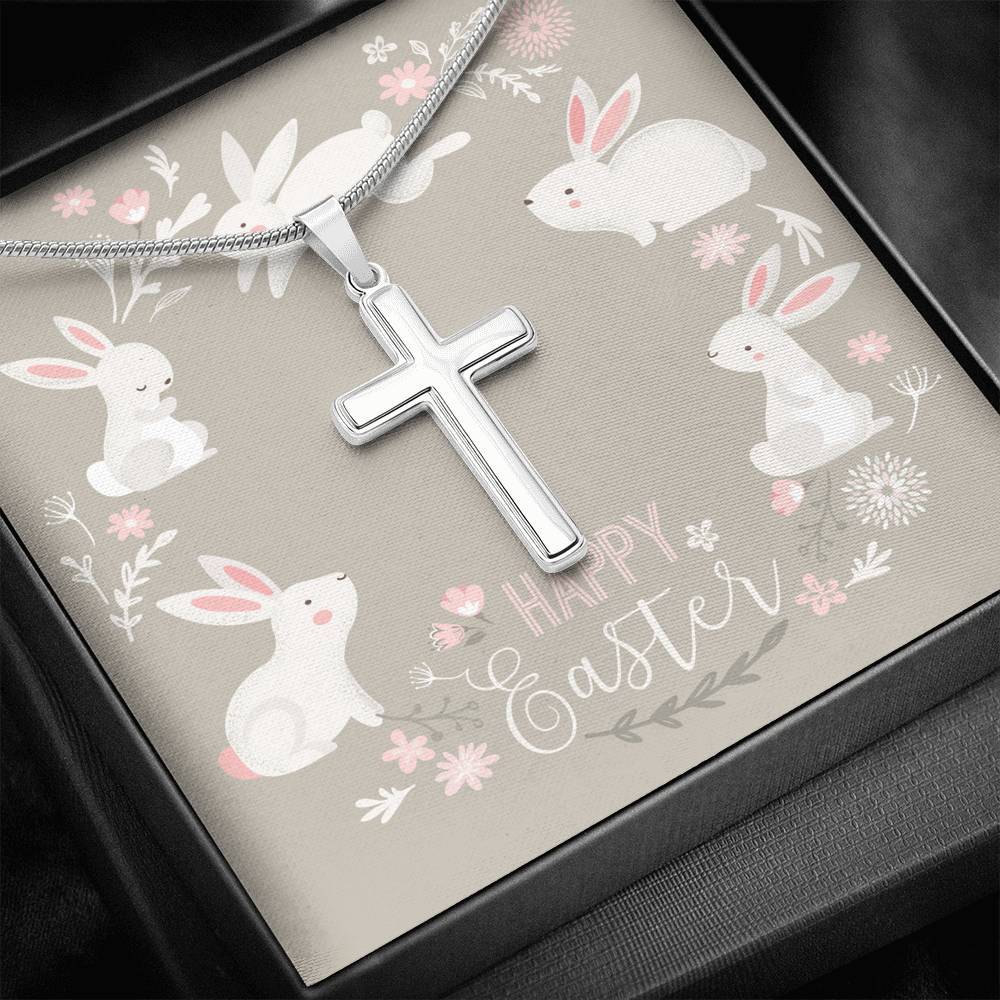 Kid's Easter Cross Necklace • Happy Easter with Bunnies Card Jewelry ShineOn Fulfillment 