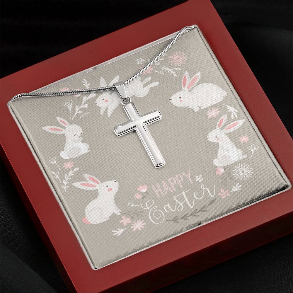 Kid's Easter Cross Necklace • Happy Easter with Bunnies Card Jewelry ShineOn Fulfillment Mahogany Style Luxury Box 